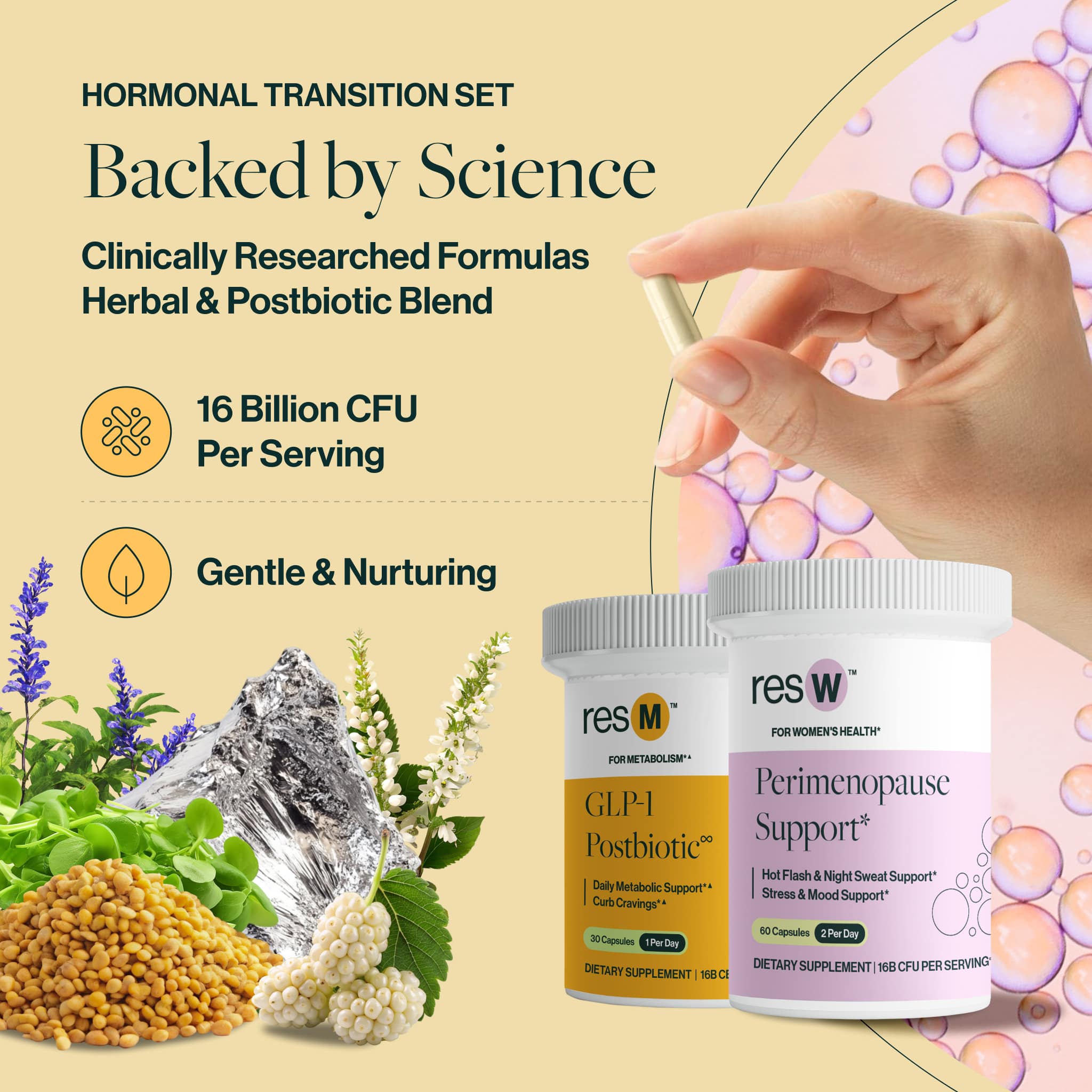 Hormonal Relief Bundle featuring resW and resM with herbal ingredients, postbiotic support, 16 billion CFU per serving, gentle and nurturing formulas for hot flash relief and metabolism support.