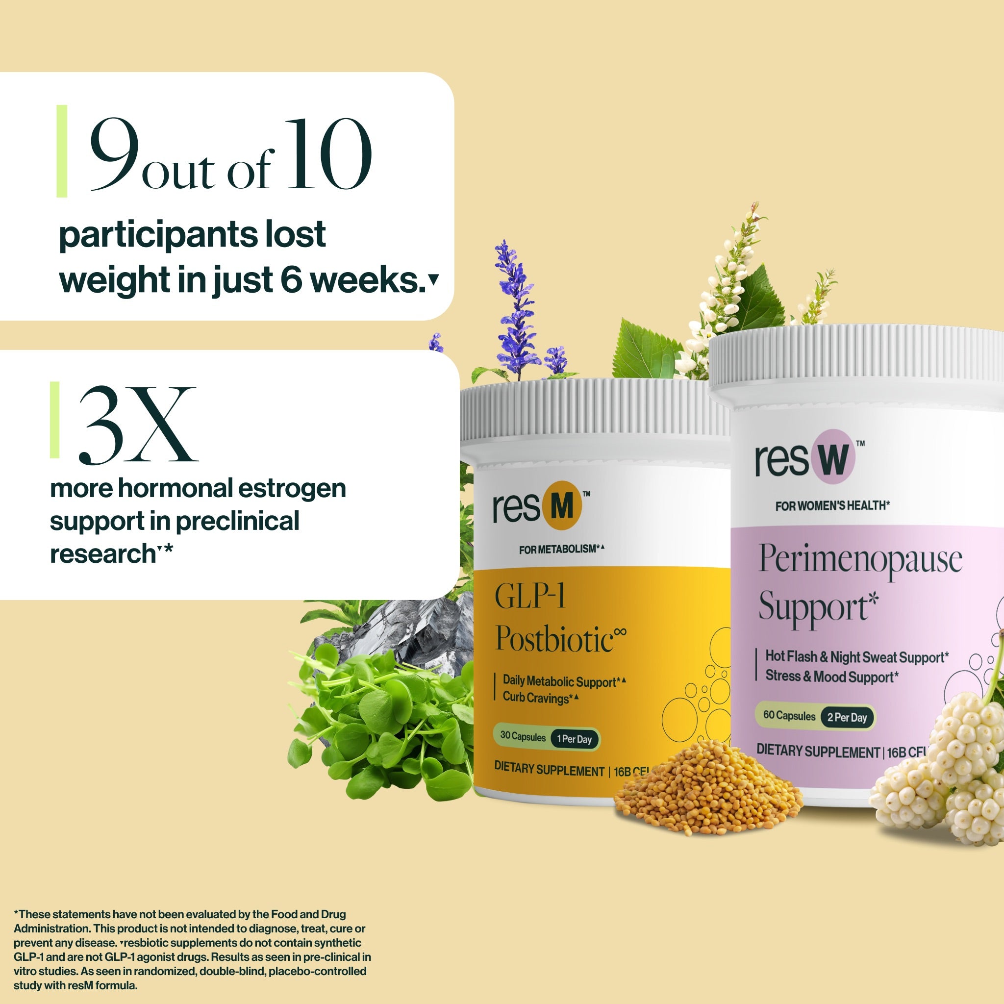 Hormonal Relief Bundle products showing clinical callouts of 300 percent increase in GLP 1 support and 250 percent increase in beneficial probiotic Akkermansia for appetite and metabolism support.