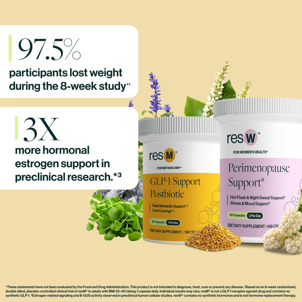Hormonal Relief Bundle products showing clinical callouts of 300 percent increase in GLP 1 support and 250 percent increase in beneficial probiotic Akkermansia for appetite and metabolism support.