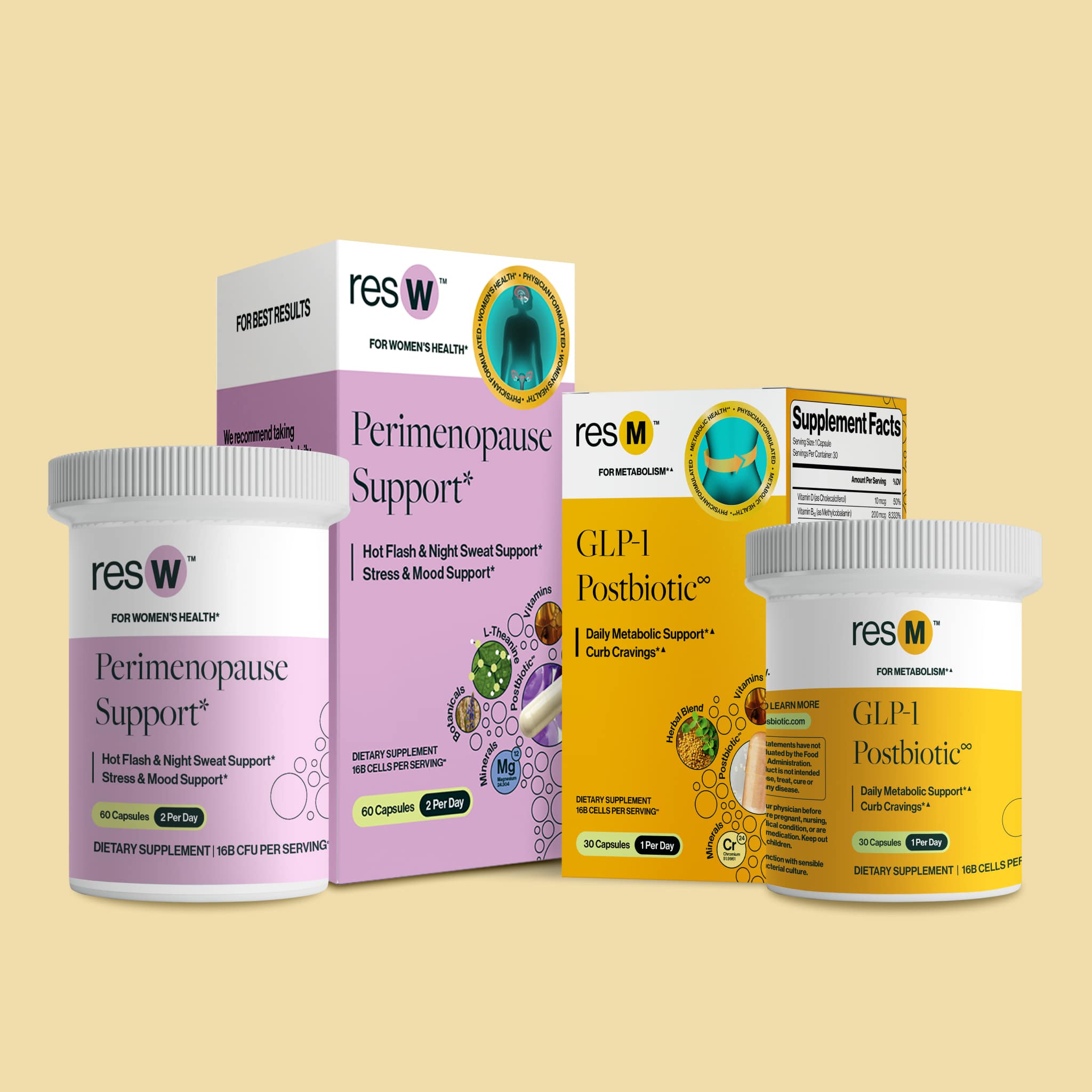 resW Perimenopause Support and resM GLP 1 Postbiotic bottles for hot flash relief, night sweat support, sleep support, appetite control, and metabolism support. Natural perimenopause support bundle featuring resW for hot flash relief and sleep support, and resM for cravings and metabolism support. Designed for women with night sweats, poor sleep, stronger cravings, and hormonal changes.