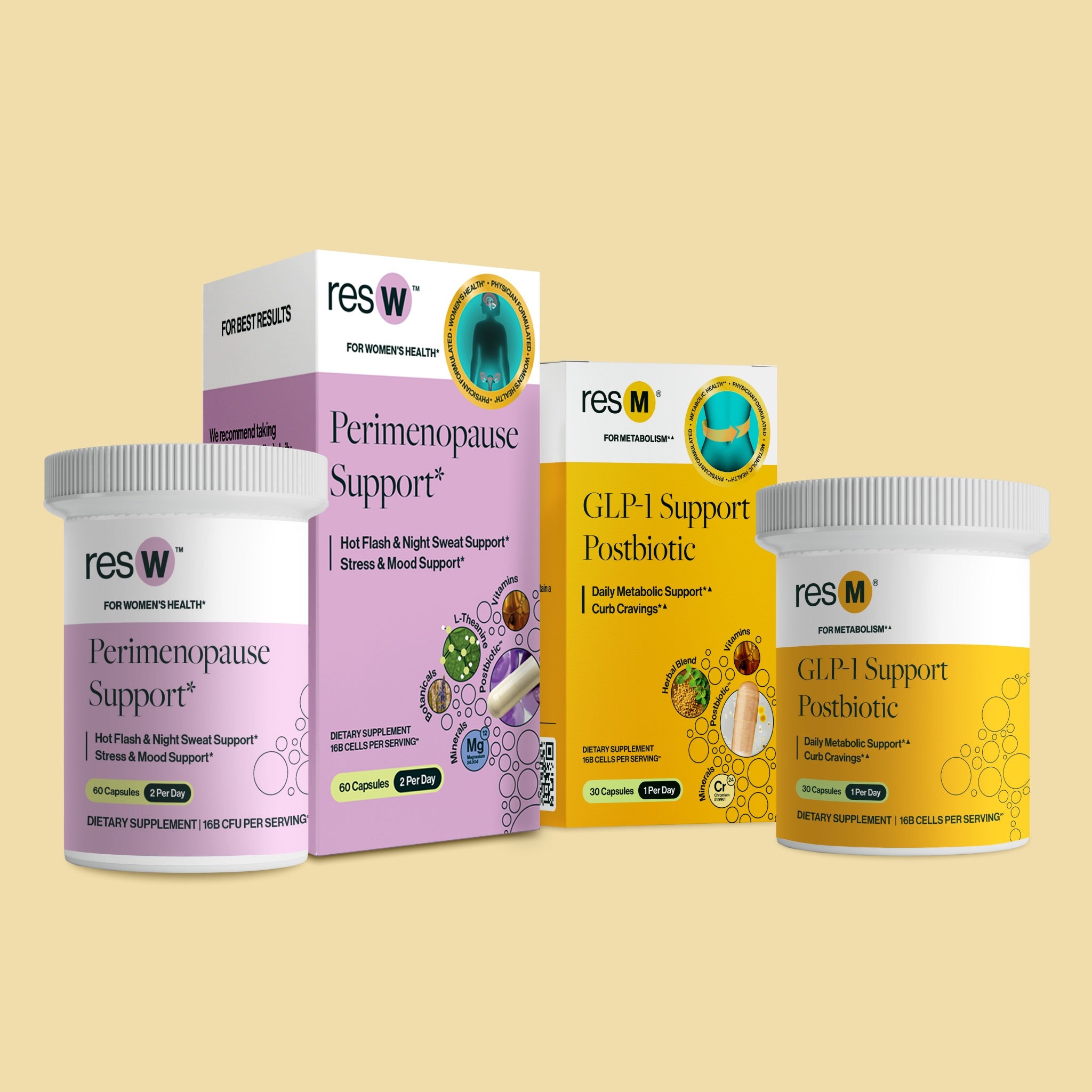 resW Perimenopause Support and resM GLP 1 Postbiotic bottles for hot flash relief, night sweat support, sleep support, appetite control, and metabolism support. Natural perimenopause support bundle featuring resW for hot flash relief and sleep support, and resM for cravings and metabolism support. Designed for women with night sweats, poor sleep, stronger cravings, and hormonal changes.