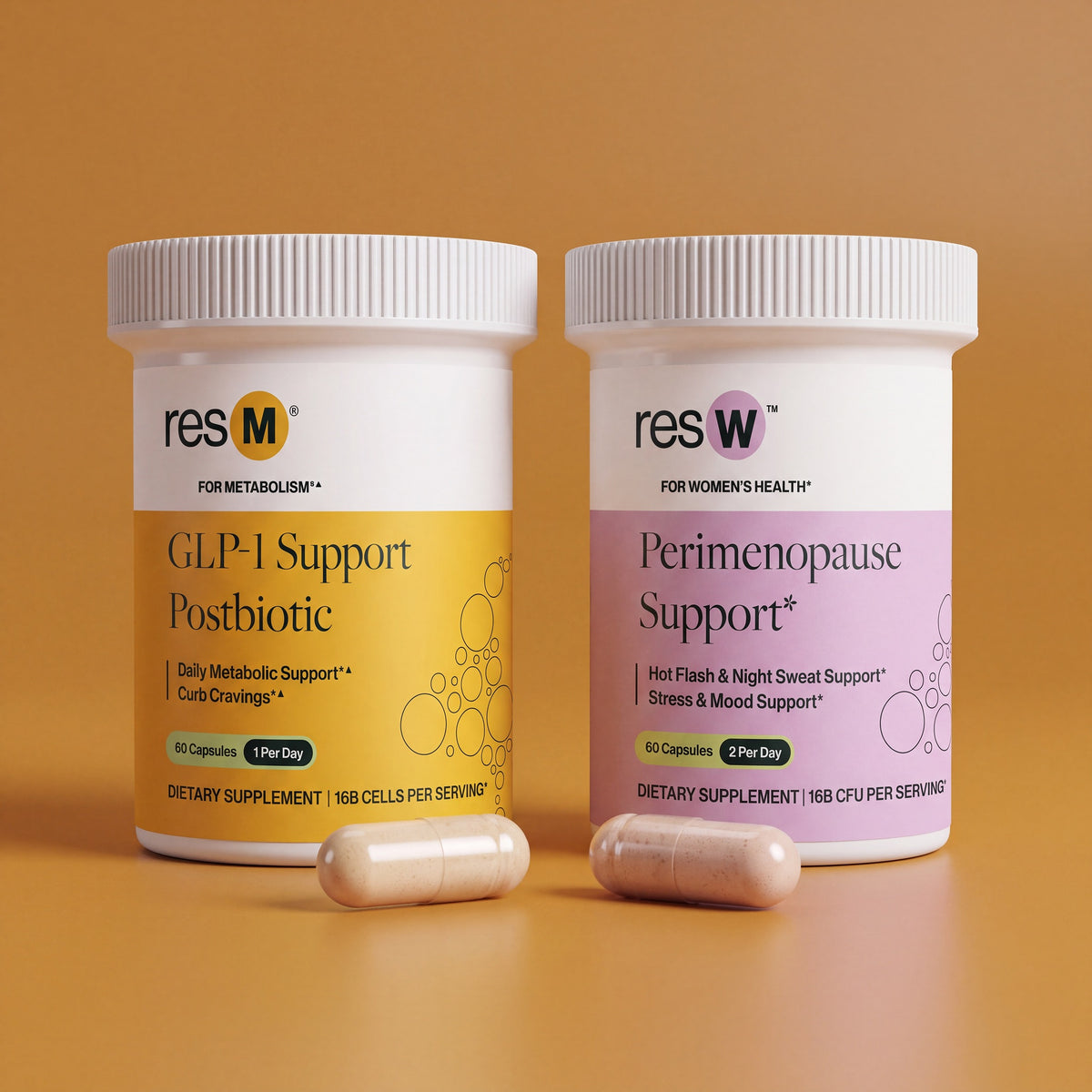 resW Perimenopause Support and resM GLP 1 Postbiotic bottles for hot flash relief, night sweat support, sleep support, appetite control, and metabolism support. Natural perimenopause support bundle featuring resW for hot flash relief and sleep support, and resM for cravings and metabolism support. Designed for women with night sweats, poor sleep, stronger cravings, and hormonal changes.