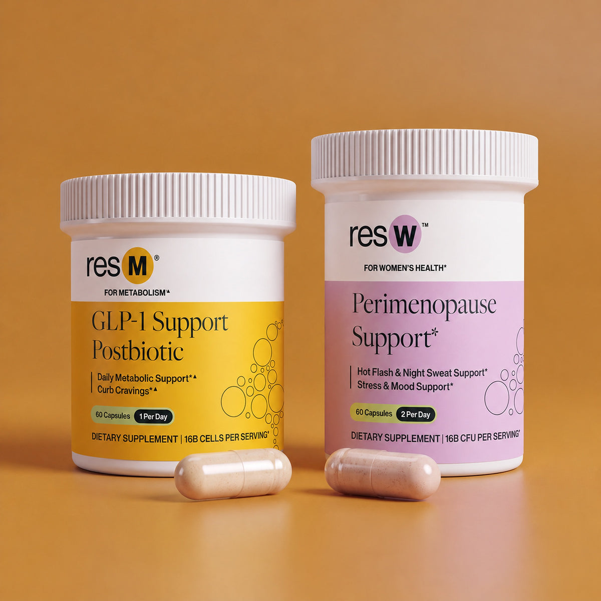 resW Perimenopause Support and resM GLP 1 Postbiotic bottles for hot flash relief, night sweat support, sleep support, appetite control, and metabolism support. Natural perimenopause support bundle featuring resW for hot flash relief and sleep support, and resM for cravings and metabolism support. Designed for women with night sweats, poor sleep, stronger cravings, and hormonal changes.