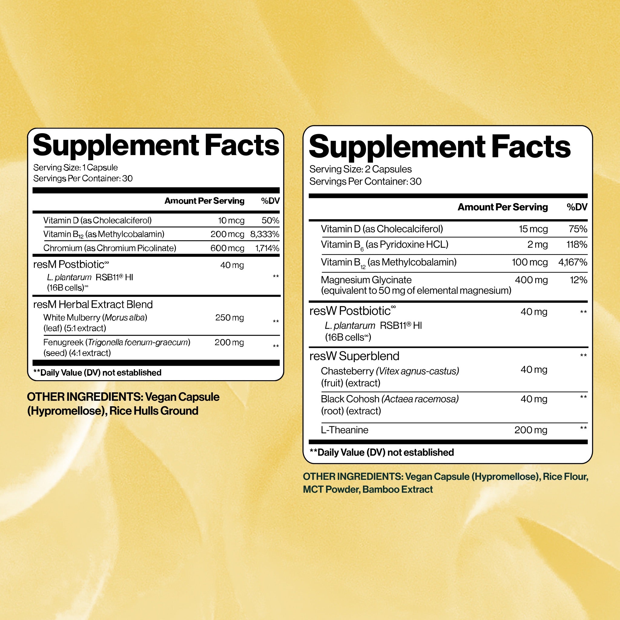 Supplement Facts for resM GLP 1 Postbiotic and resW Perimenopause Support showing vitamins, postbiotic blend, herbal support, magnesium glycinate, white mulberry, fenugreek, and chasteberry.
