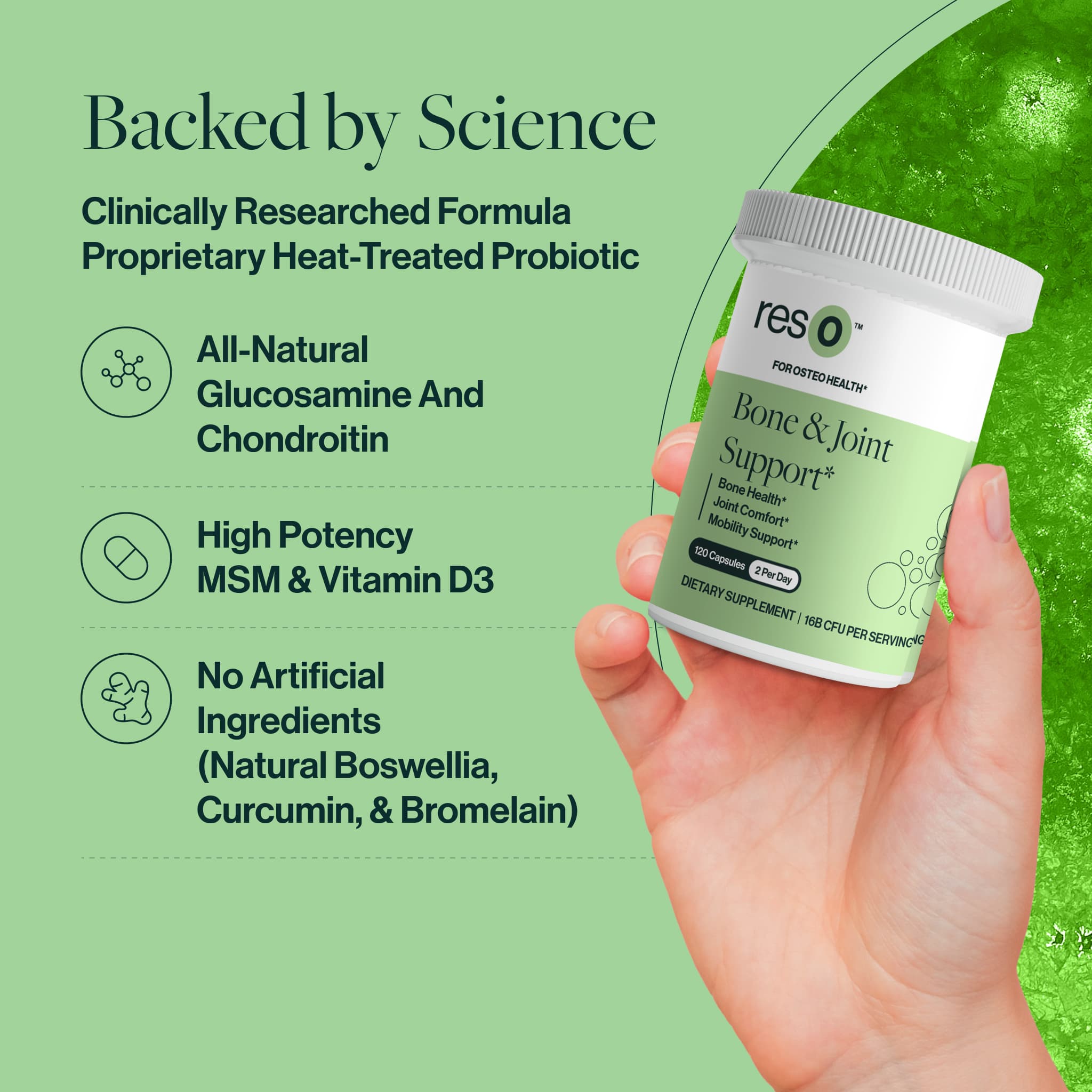 Backed by Science
Clinically Researched Formula
Proprietary Heat-Treated Probiotic
Non-GMO Chondroitin
All-Natural Glucosamine
High Potency MSM & Vitamin D3
No Artificial Ingredients (Natural Boswellia, Curcumin, & Bromelain)