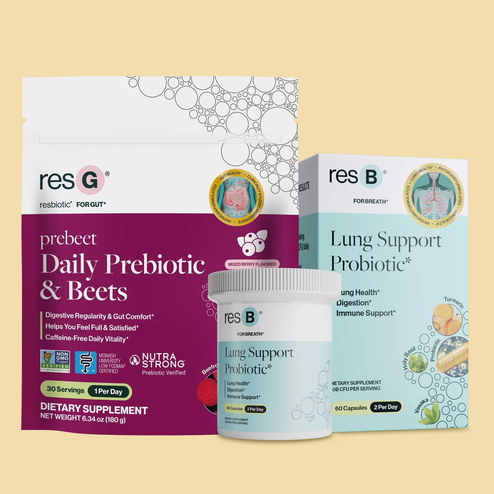 World's #1 pulmonologist formulated lung probiotic & best GLP-1 booster for triple action: probiotic, prebiotic, & bioactives. This bundle supports respiratory structure & function support*, seasonal sinus & bronchial support*, boosts GLP-1¹*, energy boost*, Low FODMAP, and reduces bloat & gas, improves stool regularity*.