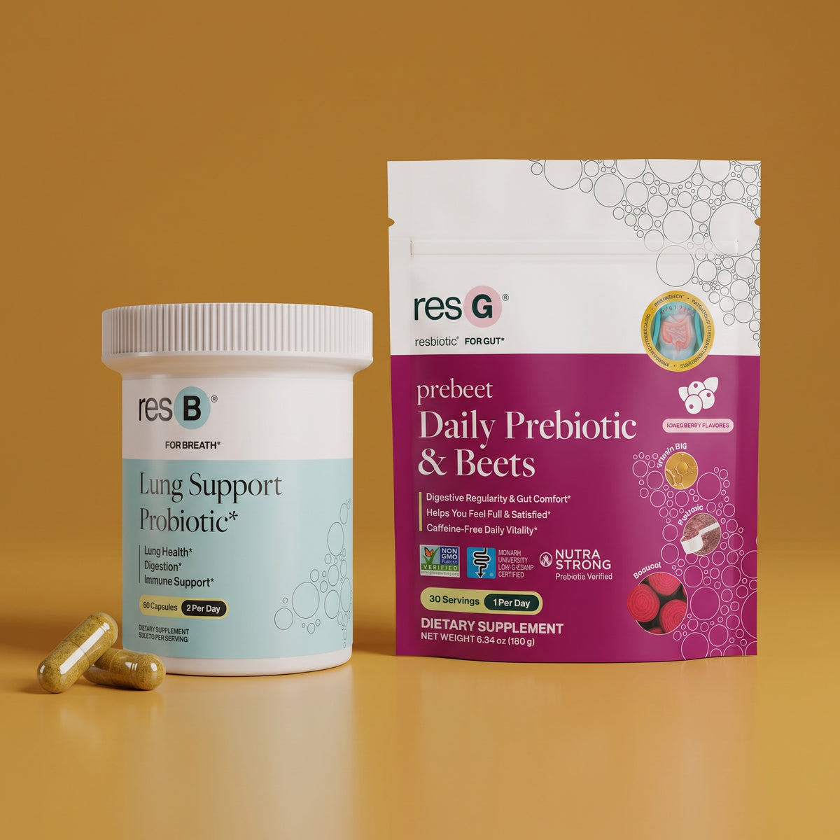 World's #1 pulmonologist formulated lung probiotic & best GLP-1 booster for triple action: probiotic, prebiotic, & bioactives. This bundle supports respiratory structure & function support*, seasonal sinus & bronchial support*, boosts GLP-1¹*, energy boost*, Low FODMAP, and reduces bloat & gas, improves stool regularity*.