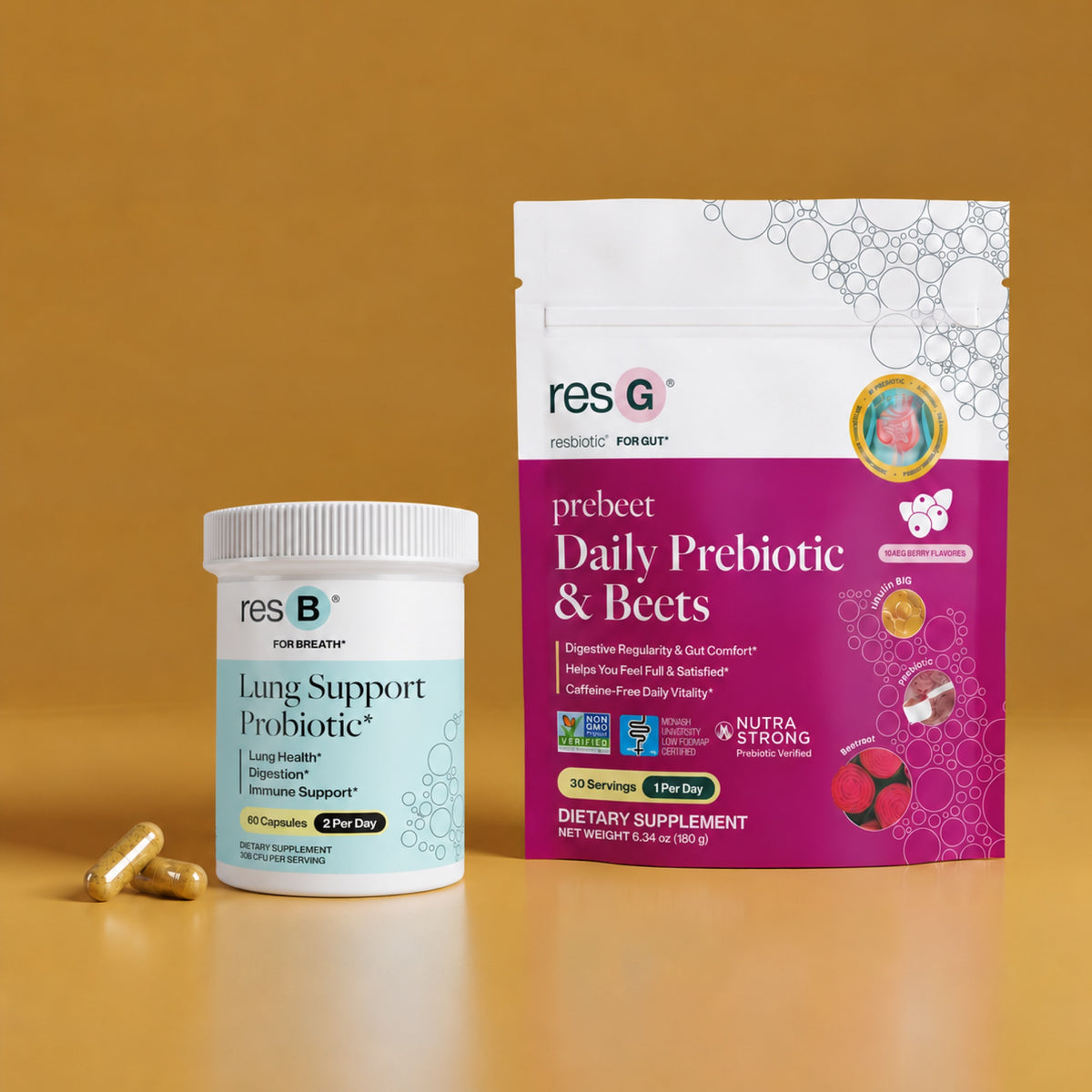 World's #1 pulmonologist formulated lung probiotic & best GLP-1 booster for triple action: probiotic, prebiotic, & bioactives. This bundle supports respiratory structure & function support*, seasonal sinus & bronchial support*, boosts GLP-1¹*, energy boost*, Low FODMAP, and reduces bloat & gas, improves stool regularity*.