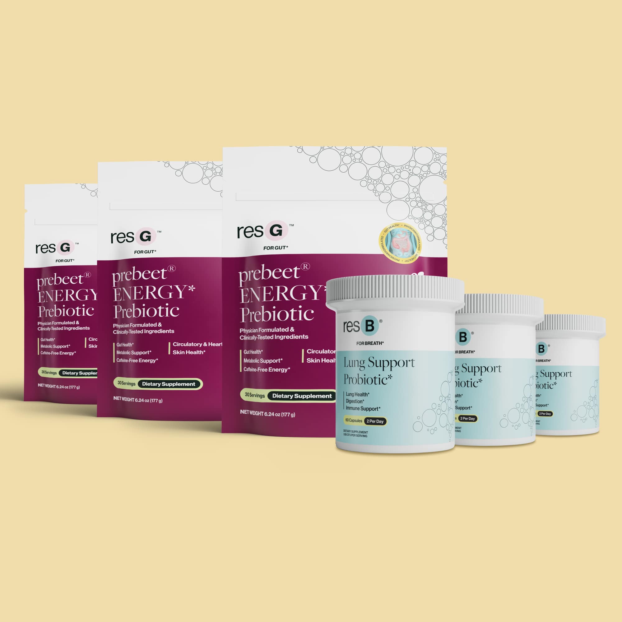 World's #1 pulmonologist formulated lung probiotic & best GLP-1 booster for triple action: probiotic, prebiotic, & bioactives. This bundle supports respiratory structure & function support*, seasonal sinus & bronchial support*, boosts GLP-1¹*, energy boost*, Low FODMAP, and reduces bloat & gas, improves stool regularity*.