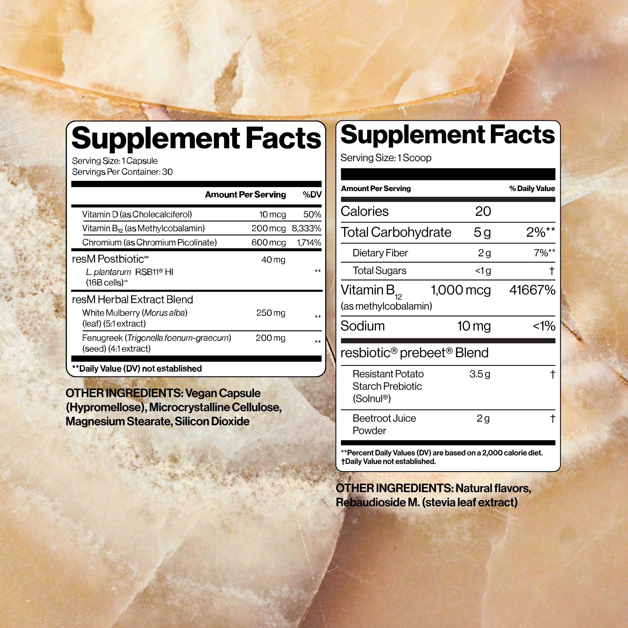 resB blend Postbiotic, Chromium, White Mulberry & Fenugreek. prebeet blend includes a resistant potato starch, beetroot, and vitamin B12 (methylcobalamin).