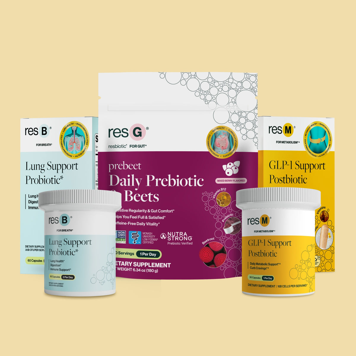 This bundle was designed to reset your body daily.* It includes resM GLP-1 postbioitc, resB Lung Support Probiotic, and the resG prebeet ENERGY prebiotic.