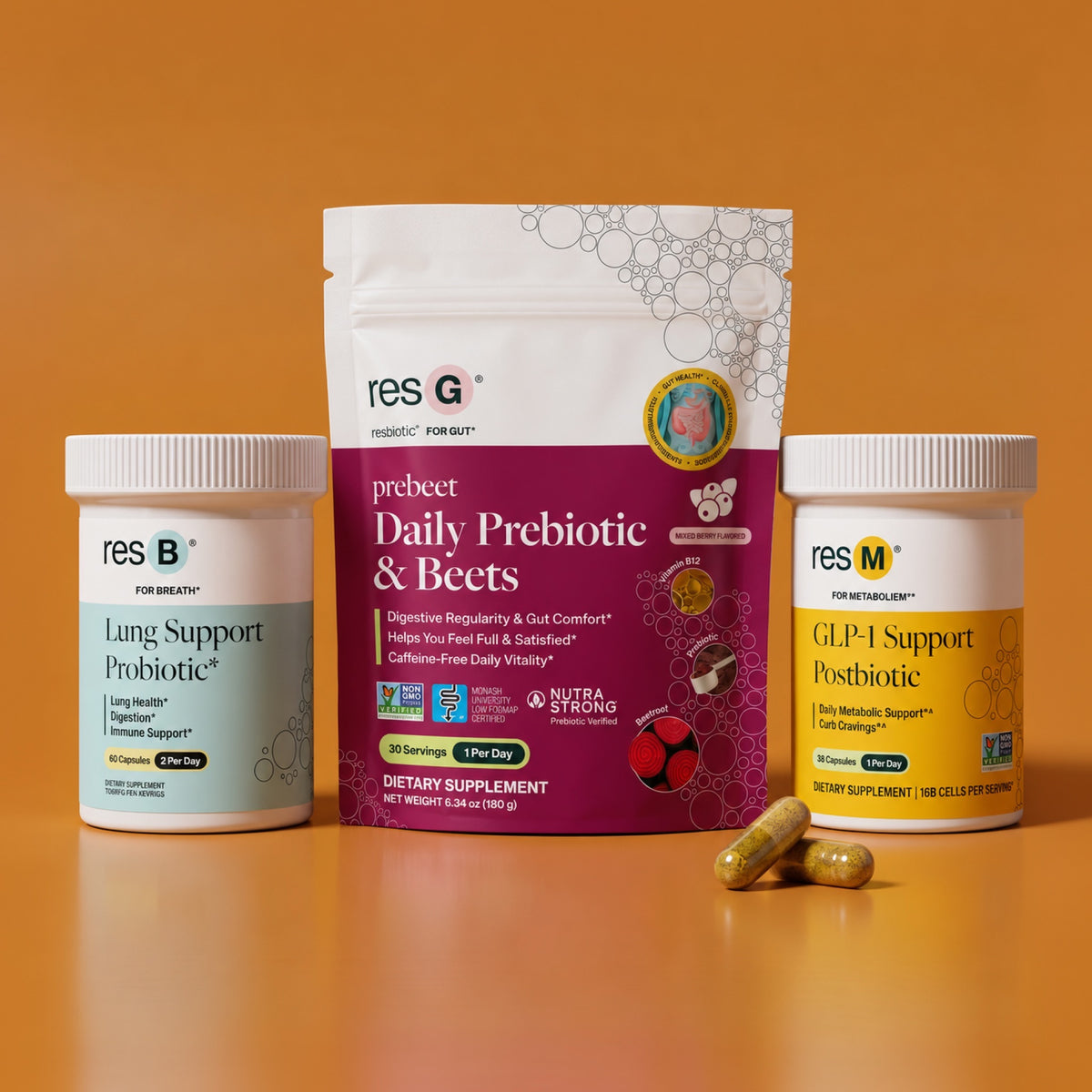 This bundle was designed to reset your body daily.* It includes resM GLP-1 postbioitc, resB Lung Support Probiotic, and the resG prebeet ENERGY prebiotic.