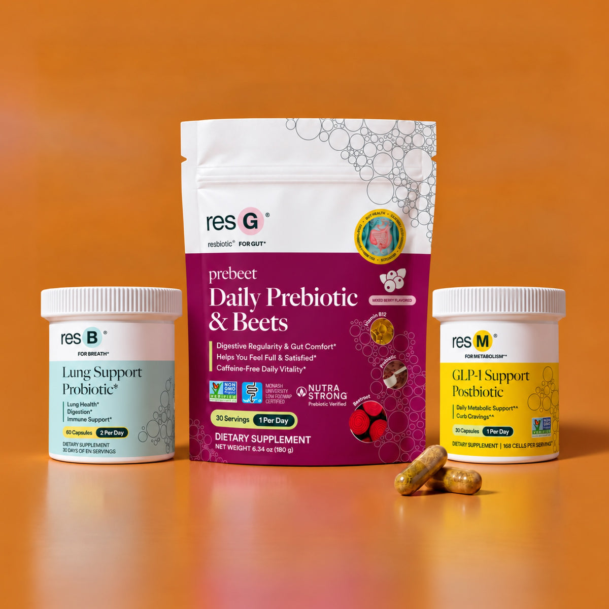 This bundle was designed to reset your body daily.* It includes resM GLP-1 postbioitc, resB Lung Support Probiotic, and the resG prebeet ENERGY prebiotic.