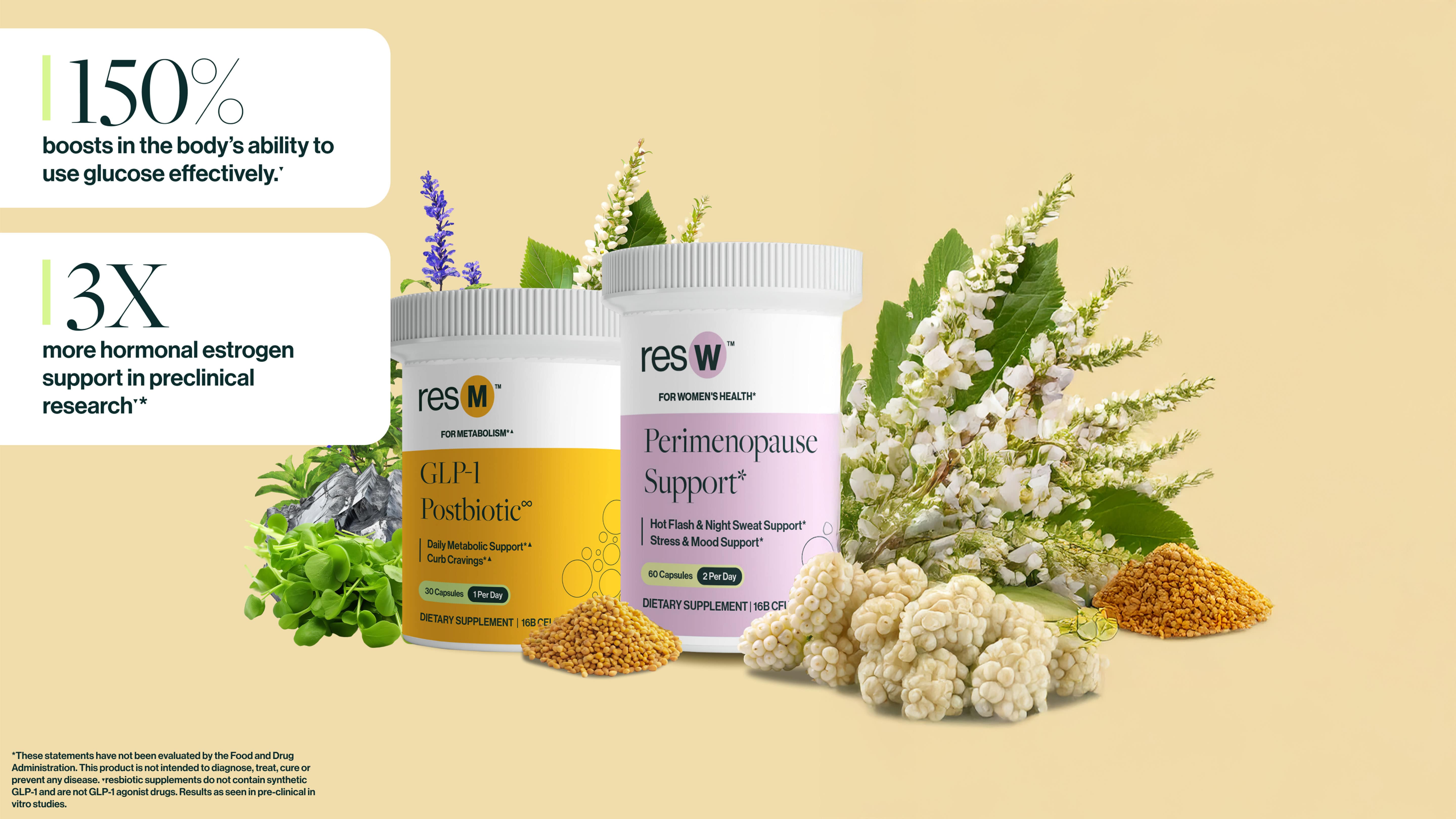 resW Perimenopause Support and resM GLP 1 Postbiotic bottles with clinical callouts of 300 percent GLP 1 support and 250 percent increase in beneficial probiotic Akkermansia.*