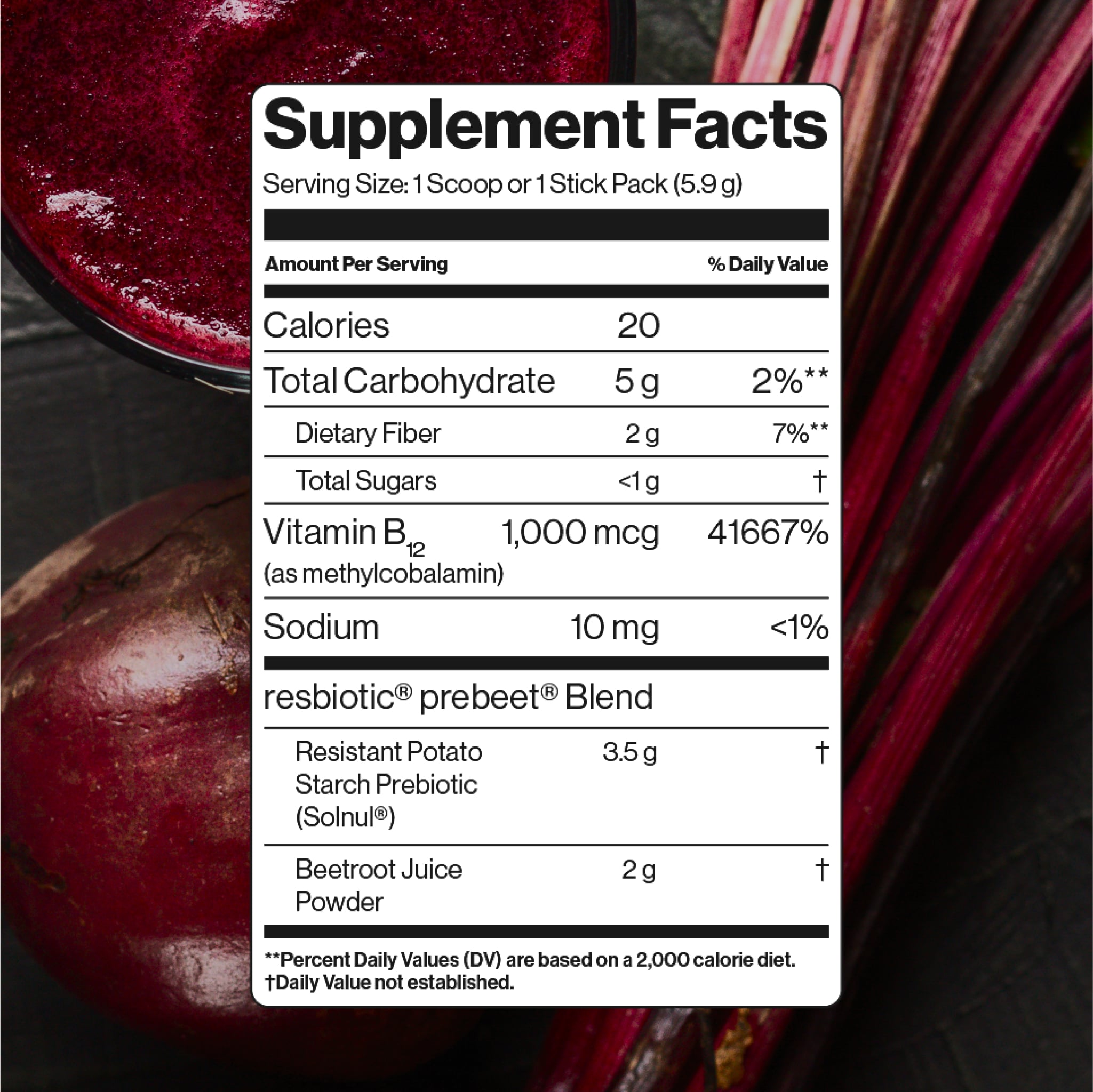 prebeet blend includes a resistant potato starch, beetroot, and vitamin B12 (methylcobalamin).