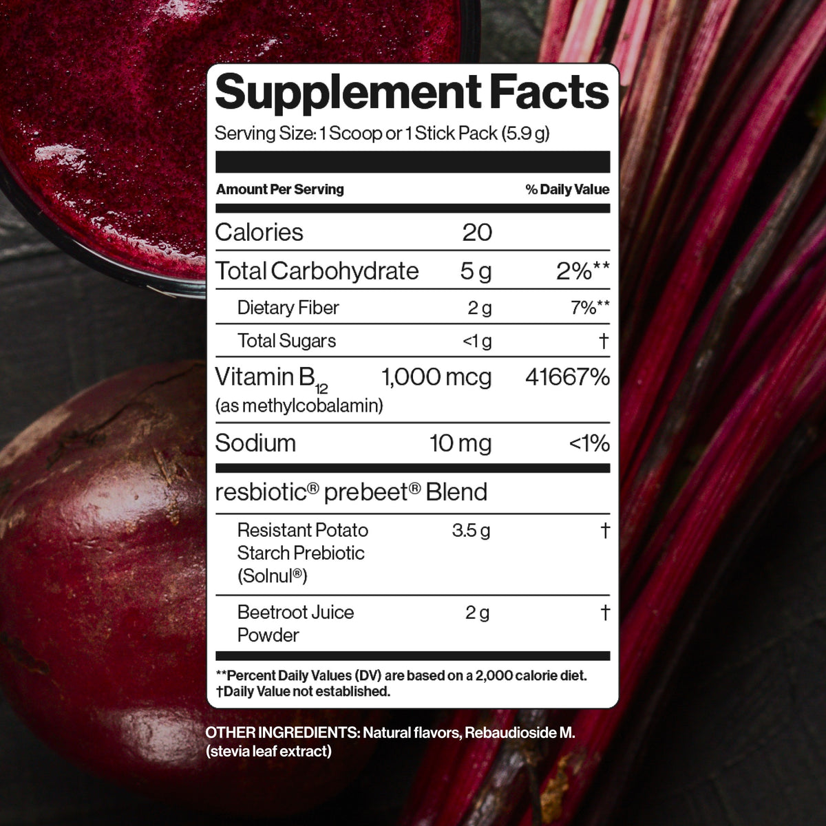 prebeet blend includes a resistant potato starch, beetroot, and vitamin B12 (methylcobalamin).
