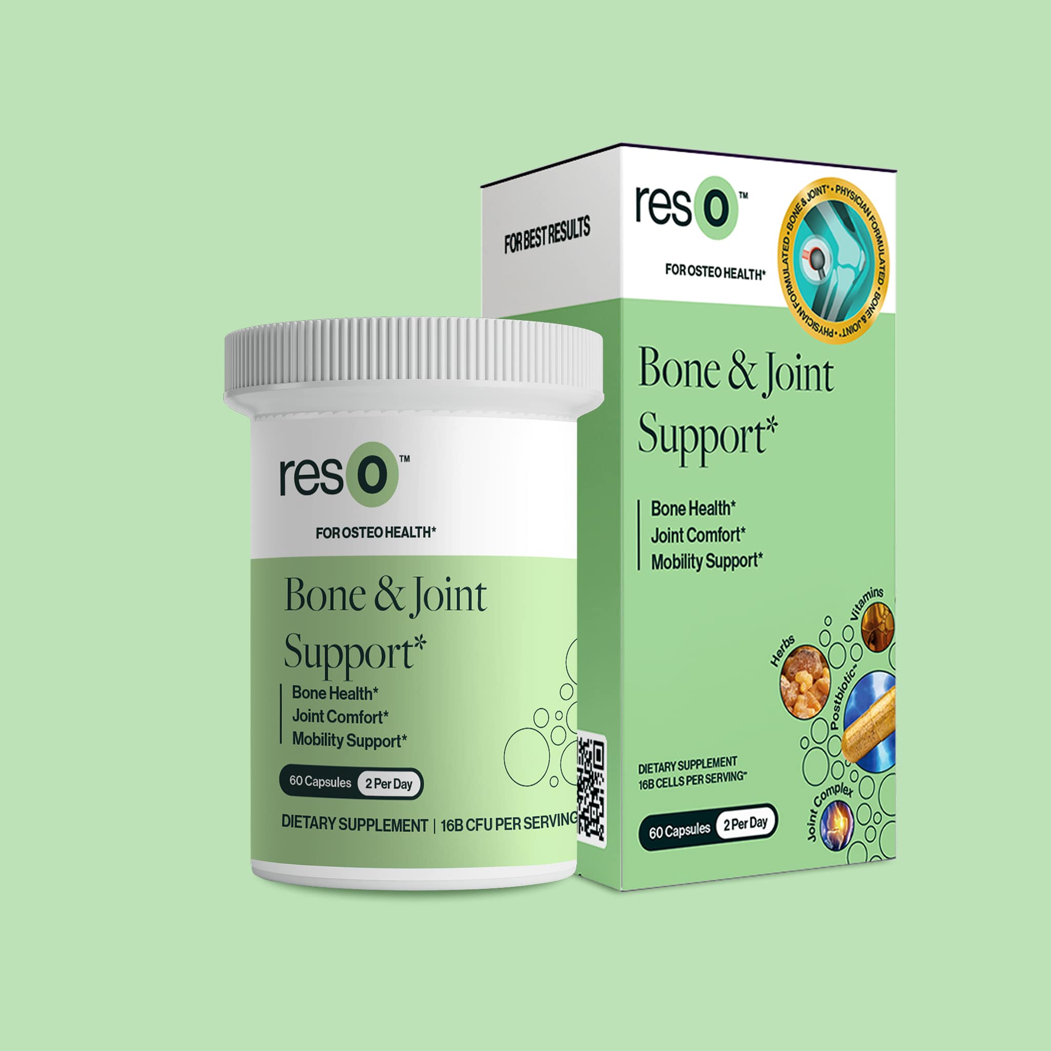 resO™ Bone & Joint Postbiotic
Stronger Bones, Comfortable Joints & Better Movement
A science-backed formula designed to help relieve day-to-day stiffness for improved movement.
Benefits
✔ Joint comfort & flexibility*
✔ Helps maintain bone strength & mobility*
✔ Promotes recovery after physical activity*
✔ Designed for men & women, every day*