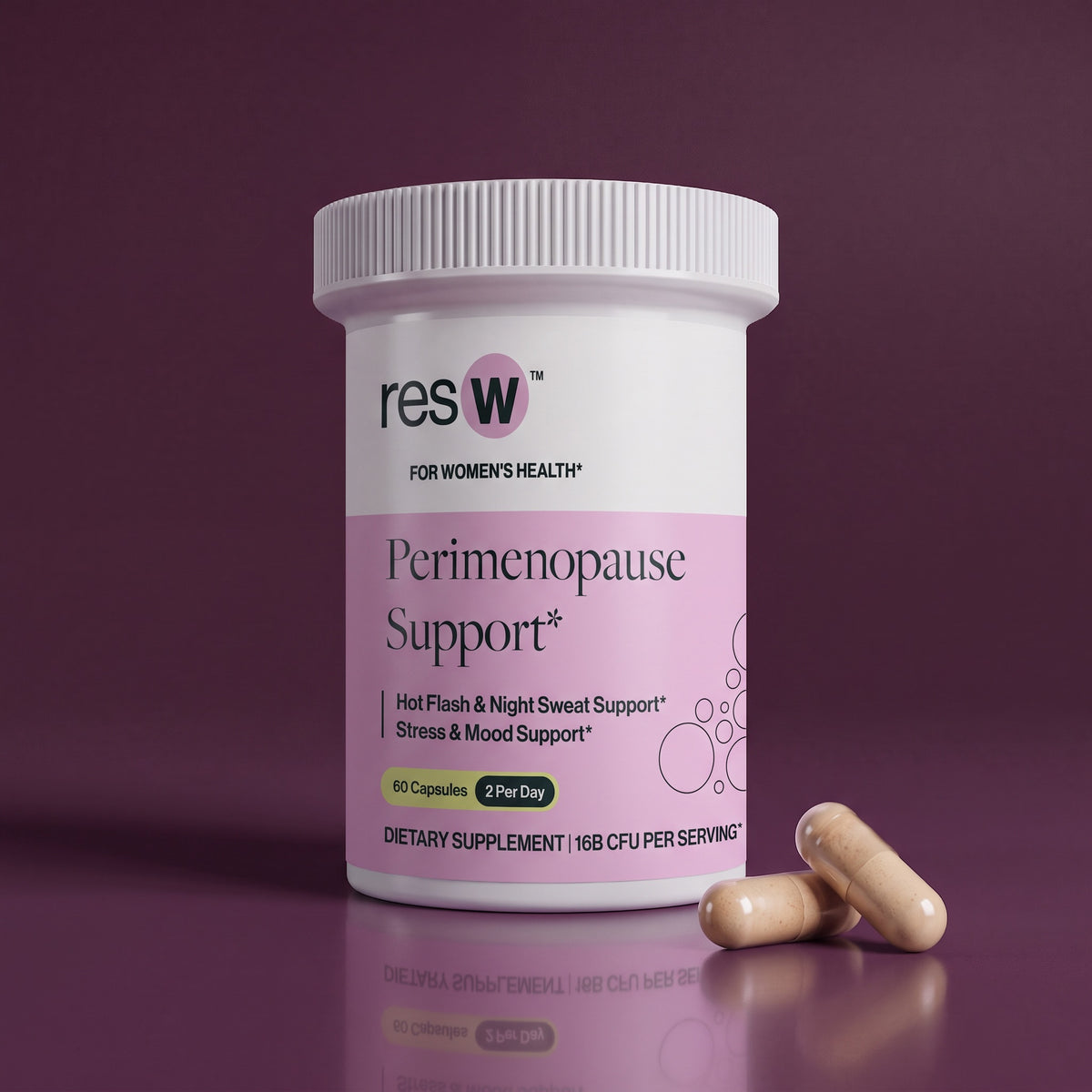 resW™ Perimenopause Postbiotic
Hormone-free support for your perimenopausal journey
Combining time-honored botanicals & essential nutrients with a clinically studied postbiotic to restore natural balance is how resW helps navigate challenging hormonal shifts.
Benefits
✔ Hot flashes & night sweat relief*
✔ Promotes balanced mood & stress response*
✔ Supports hormonal & metabolic wellness*
✔ Encourages restful sleep*