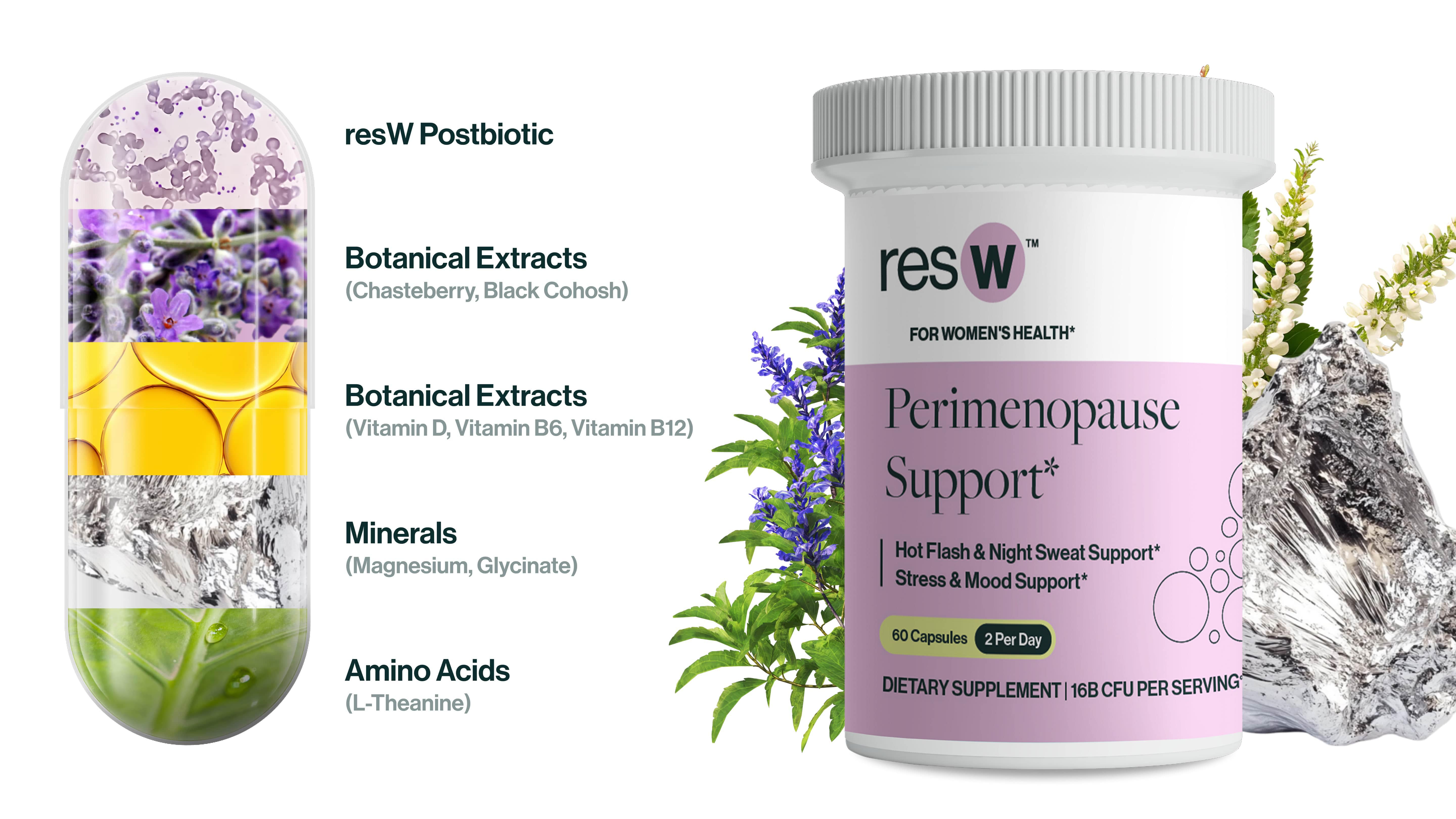Step 1:
Our unique resW blend targets the Gut-Hormone Axis, combining postbiotic L. plantarum RSB11® with botanicals like Chasteberry & Black Cohosh, alongside essential nutrients such as Vitamins D3, B6, B12, and Magnesium Glycinate. The formula works to support your body's natural rhythms, helping you feel balanced and in control.*