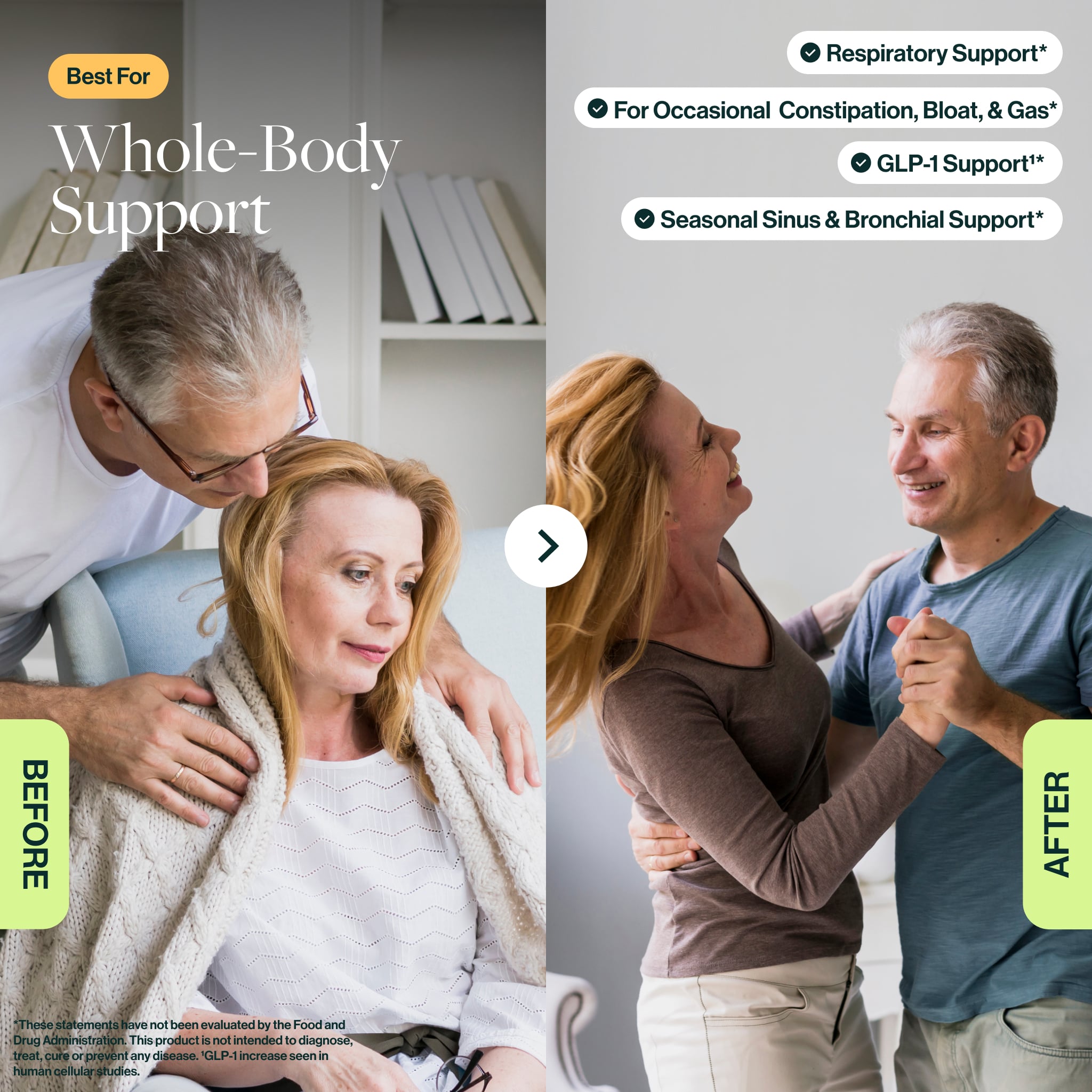 This power bundle supports respiratory structure & function support*, seasonal sinus & bronchial support*, boosts GLP-1¹*, energy boost*, Low FODMAP, and reduces bloat & gas, improves stool regularity*.
