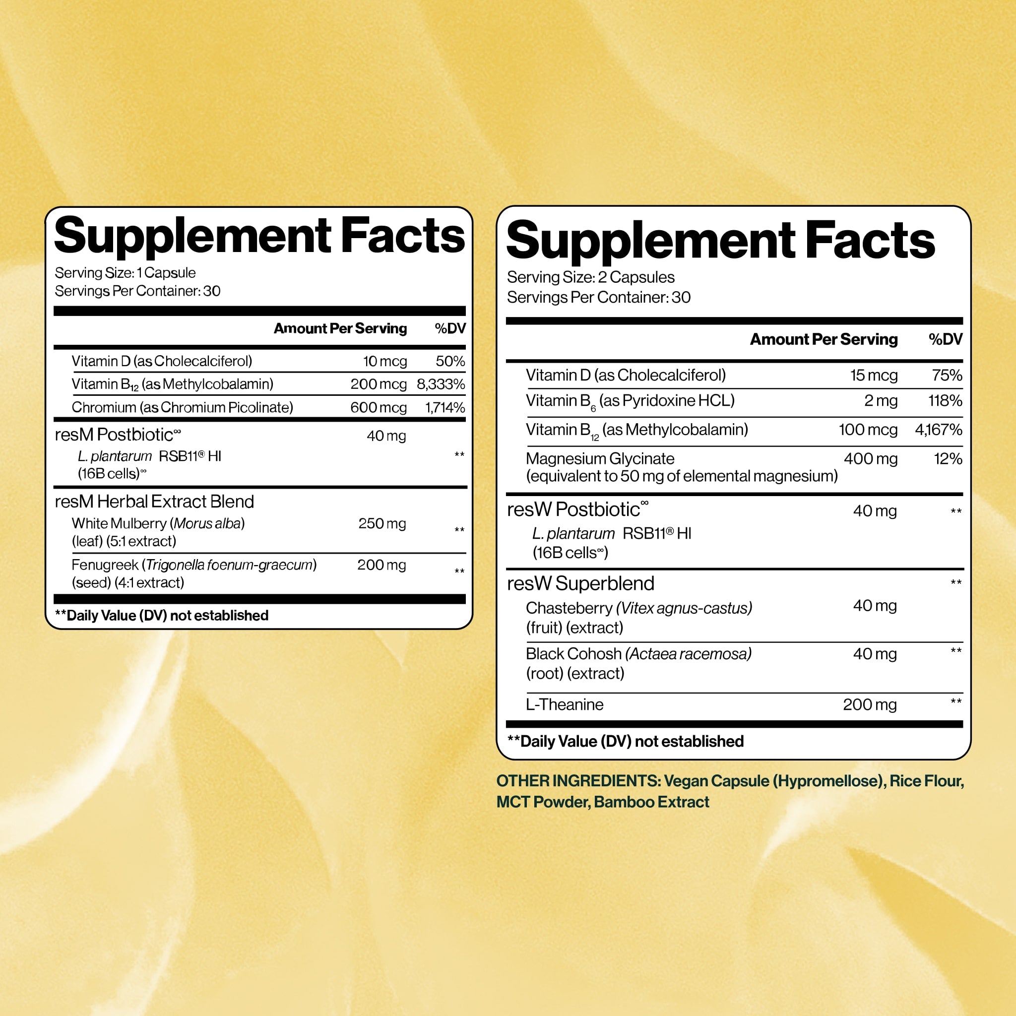 Supplement Facts for resM GLP 1 Postbiotic and resW Perimenopause Support showing vitamins, postbiotic blend, herbal support, magnesium glycinate, white mulberry, fenugreek, and chasteberry.