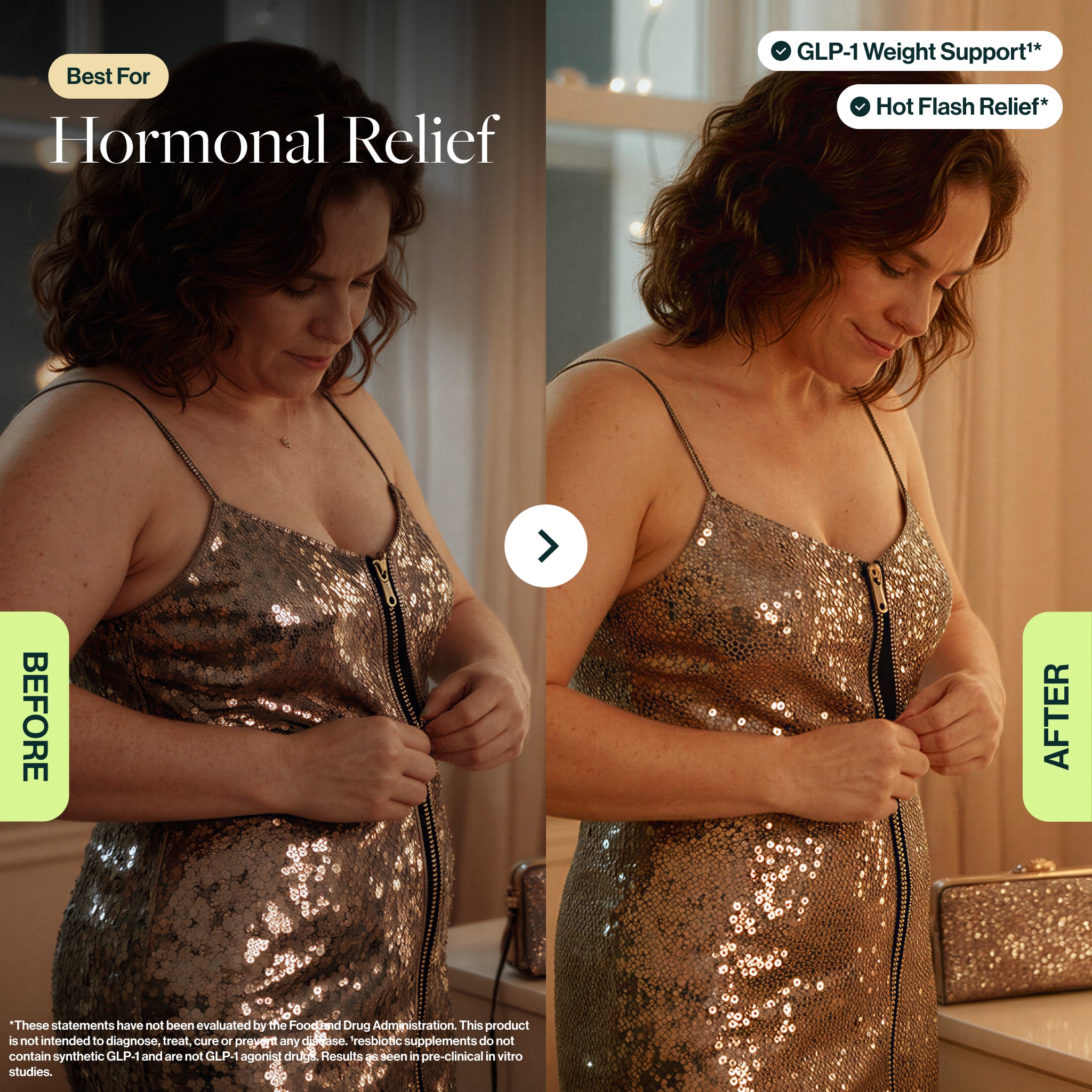 Before and after image showing a woman experiencing hormonal relief with resW and resM. Highlights hot flash support and GLP 1 weight support for women in perimenopause.*
