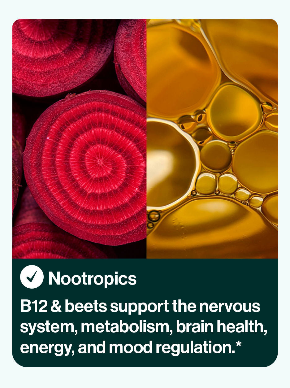 Nootropic ingredients in res power bundle. B12 & beets support the nervous system, metabolism, brain health, energy, and mood regulation.*