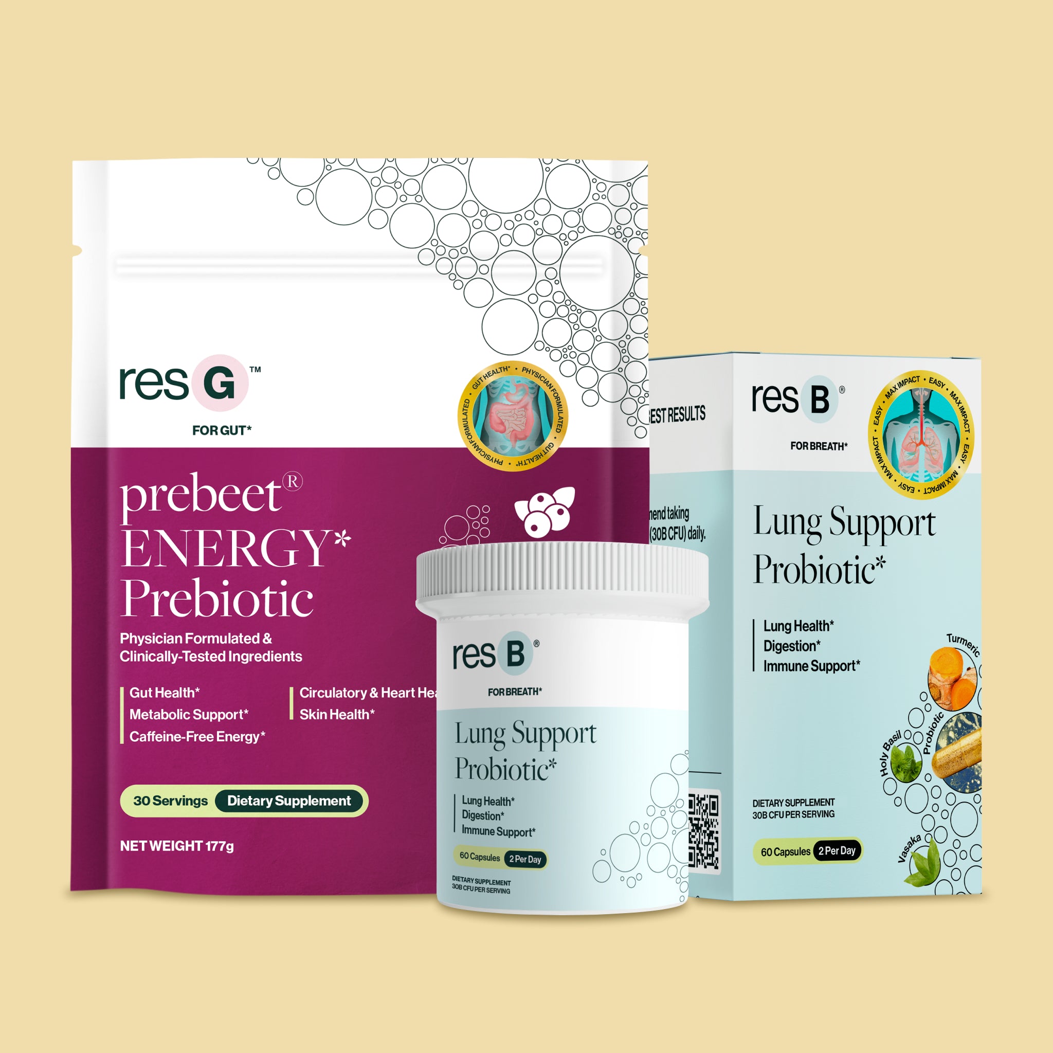 World's #1 pulmonologist formulated lung probiotic & best GLP-1 booster for triple action: probiotic, prebiotic, & bioactives. This bundle supports respiratory structure & function support*, seasonal sinus & bronchial support*, boosts GLP-1¹*, energy boost*, Low FODMAP, and reduces bloat & gas, improves stool regularity*.