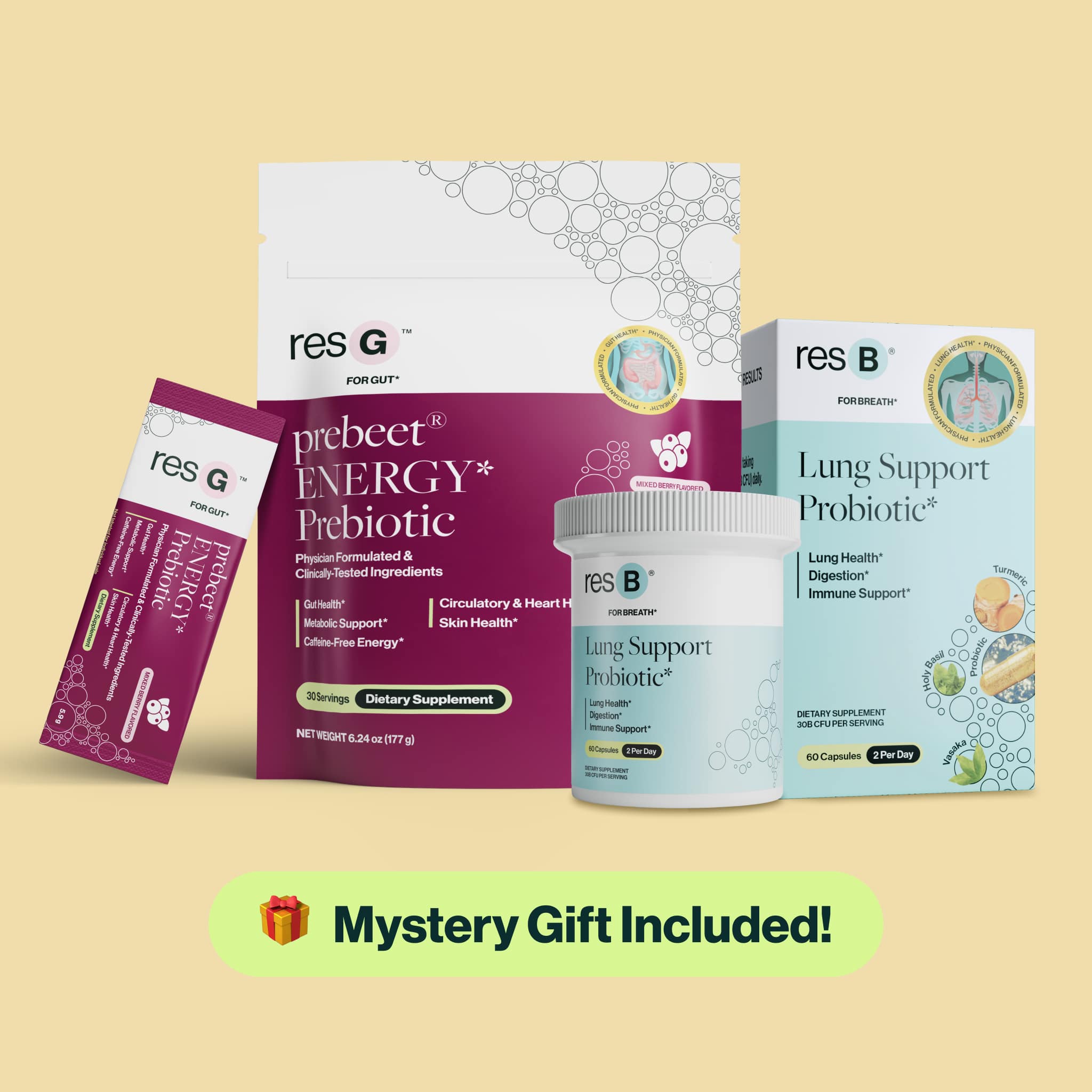 World's #1 pulmonologist formulated lung probiotic & best GLP-1 booster for triple action: probiotic, prebiotic, & bioactives. This bundle supports respiratory structure & function support*, seasonal sinus & bronchial support*, boosts GLP-1¹*, energy boost*, Low FODMAP, and reduces bloat & gas, improves stool regularity*.