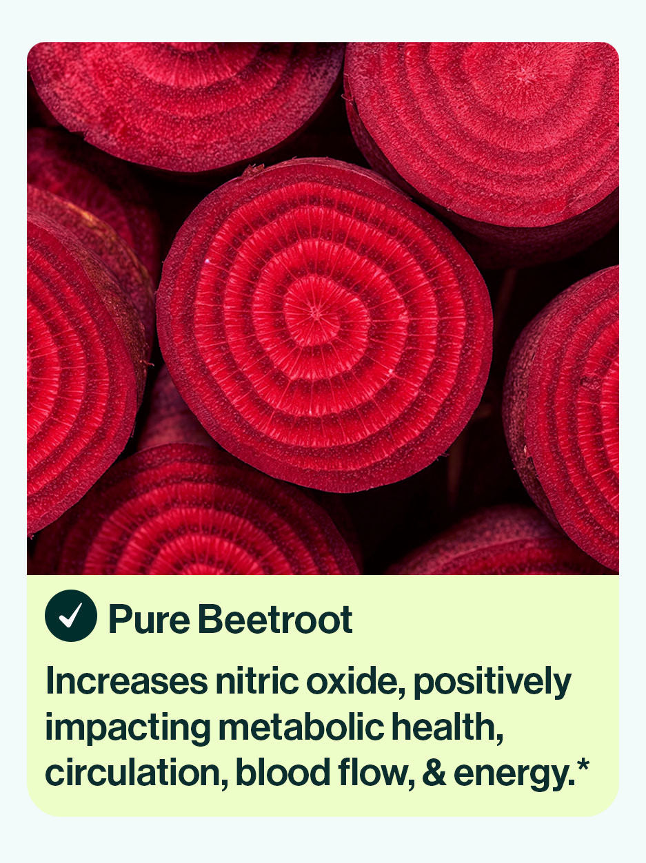 Beetroot ingredient in prebeet ENERGY+ prebiotic. Increases nitric oxide, positively impacting metabolic health, circulation, blood flow, & energy.*