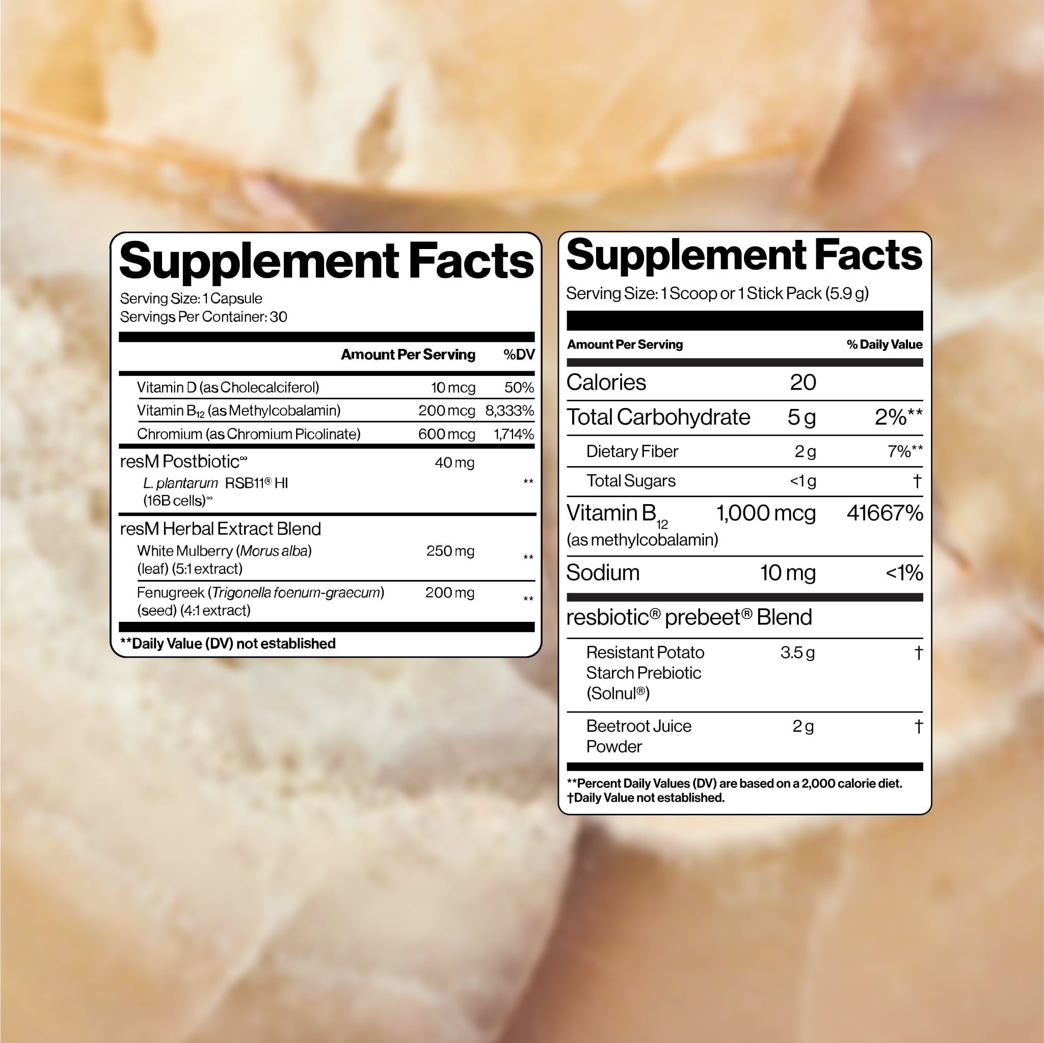 resB blend Postbiotic, Chromium, White Mulberry & Fenugreek. prebeet blend includes a resistant potato starch, beetroot, and vitamin B12 (methylcobalamin). 