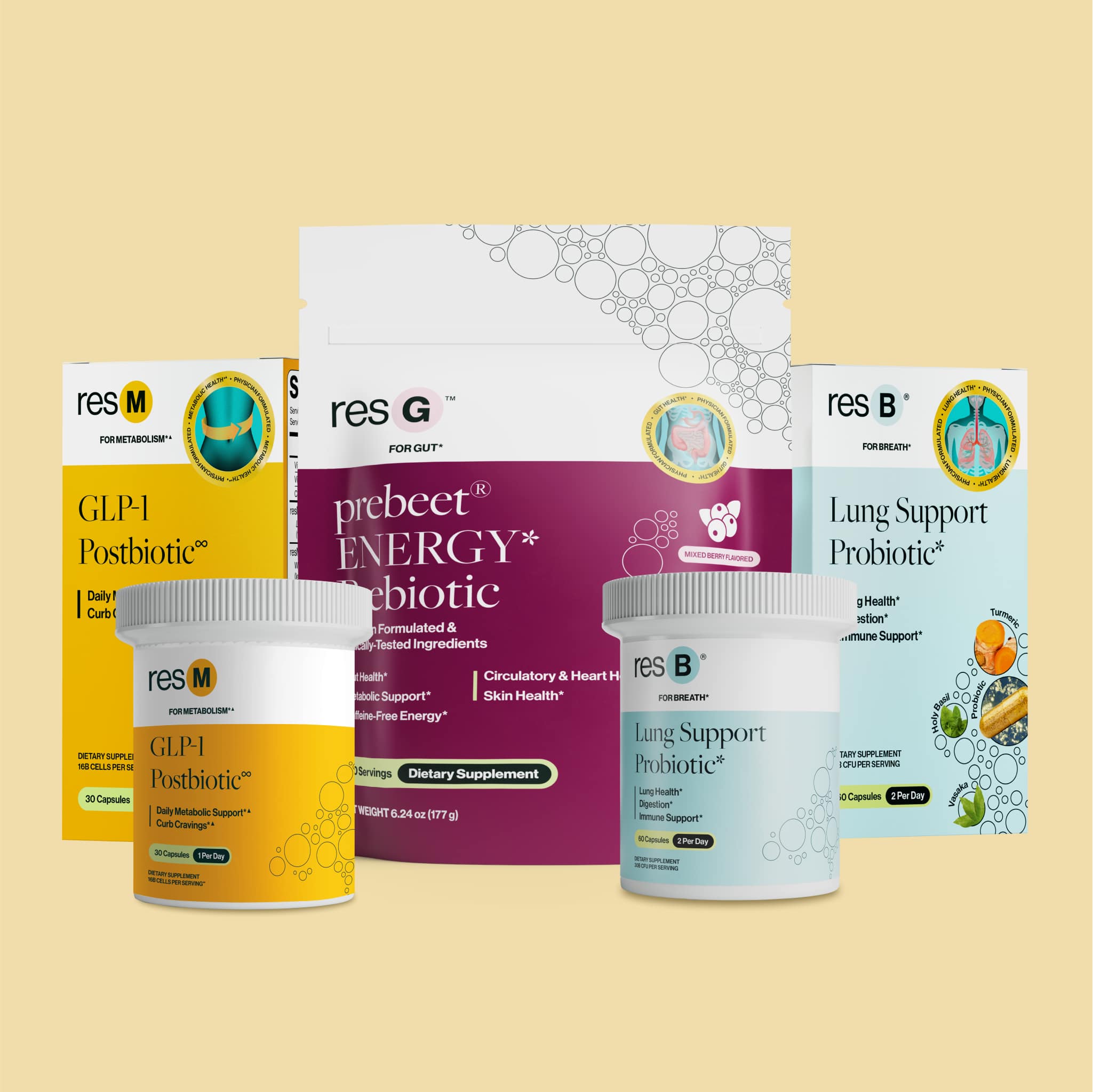 This bundle was designed to reset your body daily.* It includes resM GLP-1 postbioitc, resB Lung Support Probiotic, and the resG prebeet ENERGY prebiotic. 