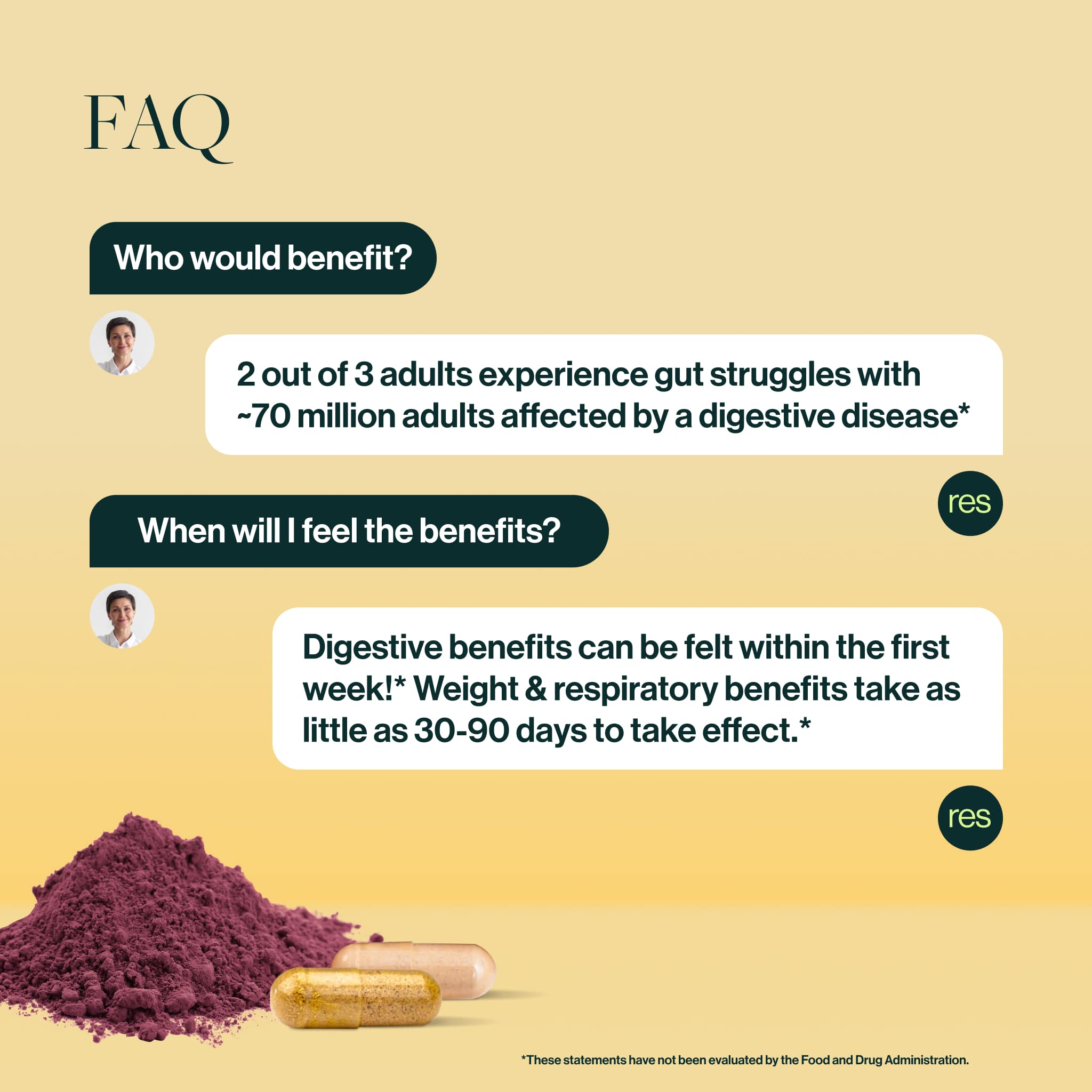 Who would benefit? 2 out of 3 adults experience gut struggles with ~70 million adults affected by a digestive disease*  When will I feel the benefits?  Digestive benefits can be felt within the first week!* Metabolic & respiratory benefits take as little as 30-90 days to take effect.*