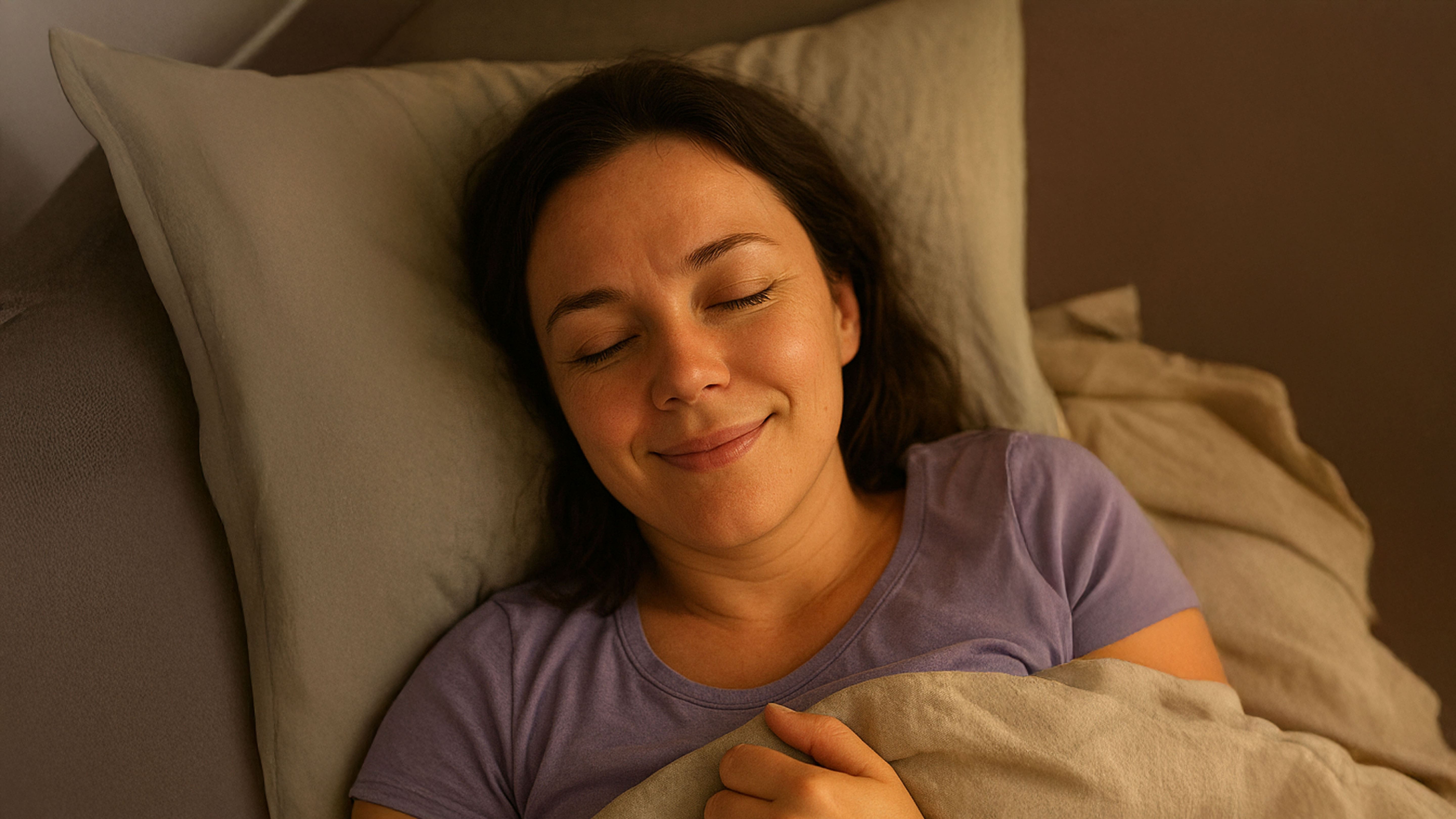 Woman sleeping peacefully after using hormonal relief support for hot flashes, night sweats, and better sleep during perimenopause.