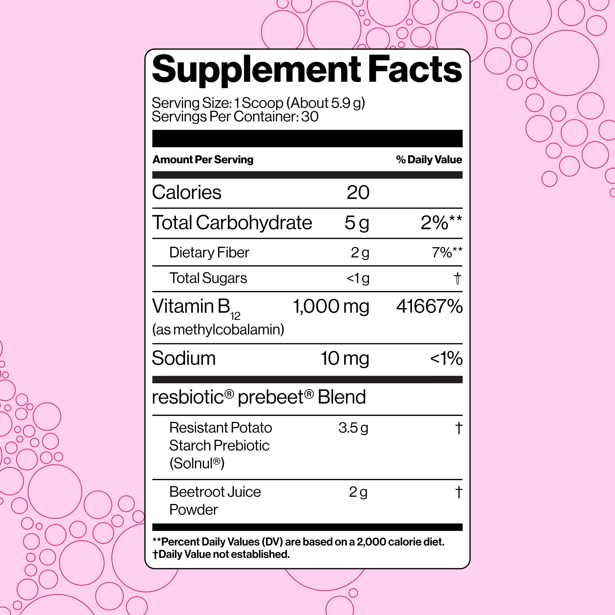 prebeet blend includes a resistant potato starch, beetroot, and vitamin B12 (methylcobalamin). 