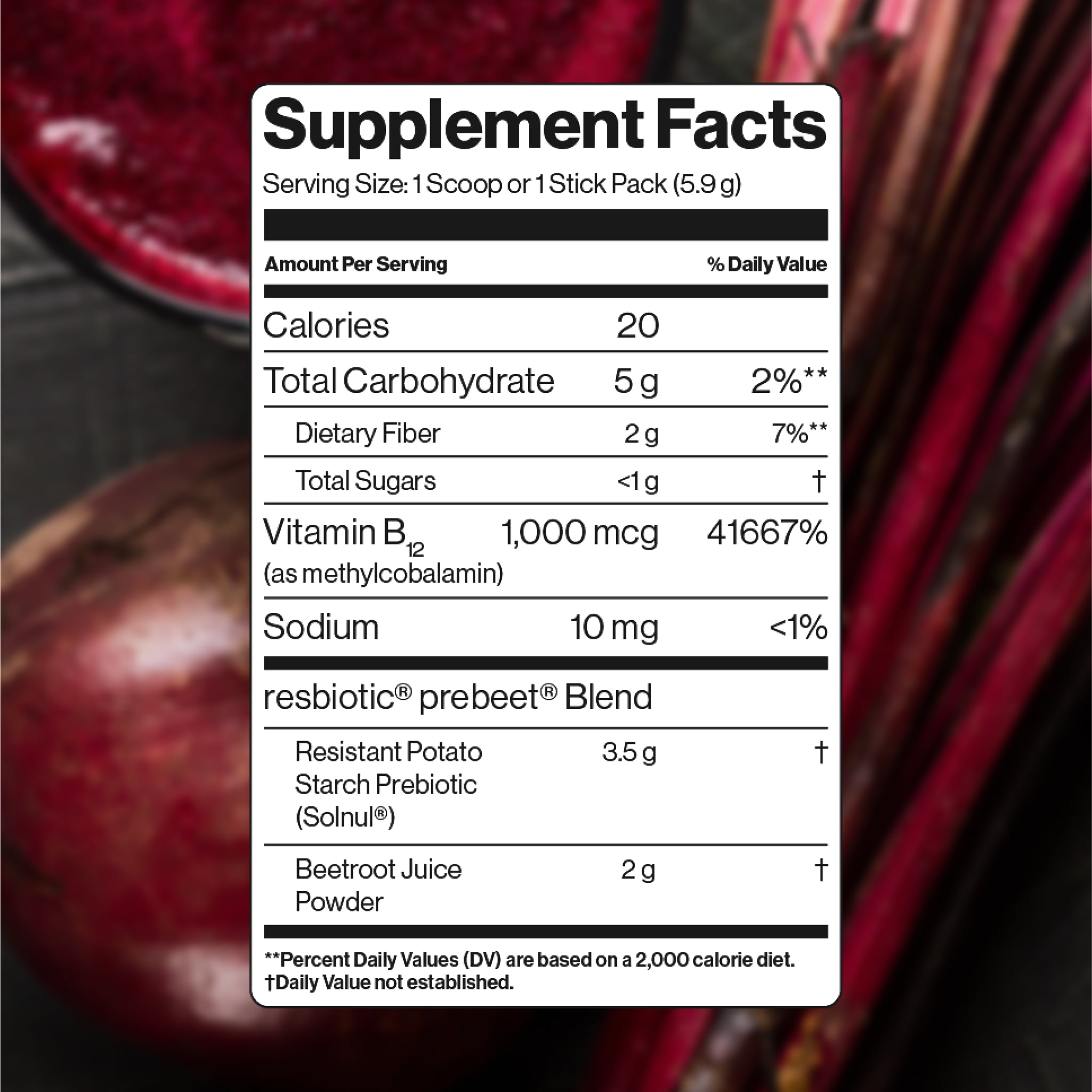 prebeet blend includes a resistant potato starch, beetroot, and vitamin B12 (methylcobalamin). 