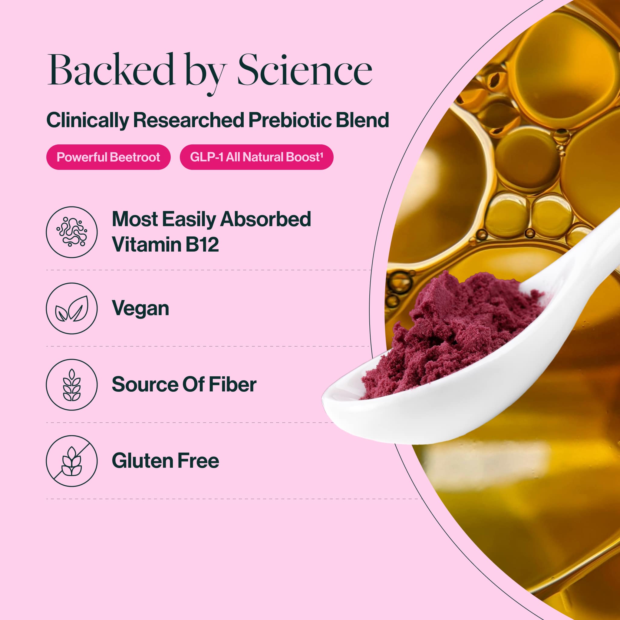 Extensive preclinical and clinical data on our supplements is obtained through rigorous in vitro testing and human clinical trials, making them some of the best physician-developed supplements on the market. prebeet is gluten-free, non-GMO, low FODMAP, vegan, cruelty-free, dairy-free, soy-free, nut-free, caffeine-free, diet-inclusive (keto, paleo), and made in the USA. 