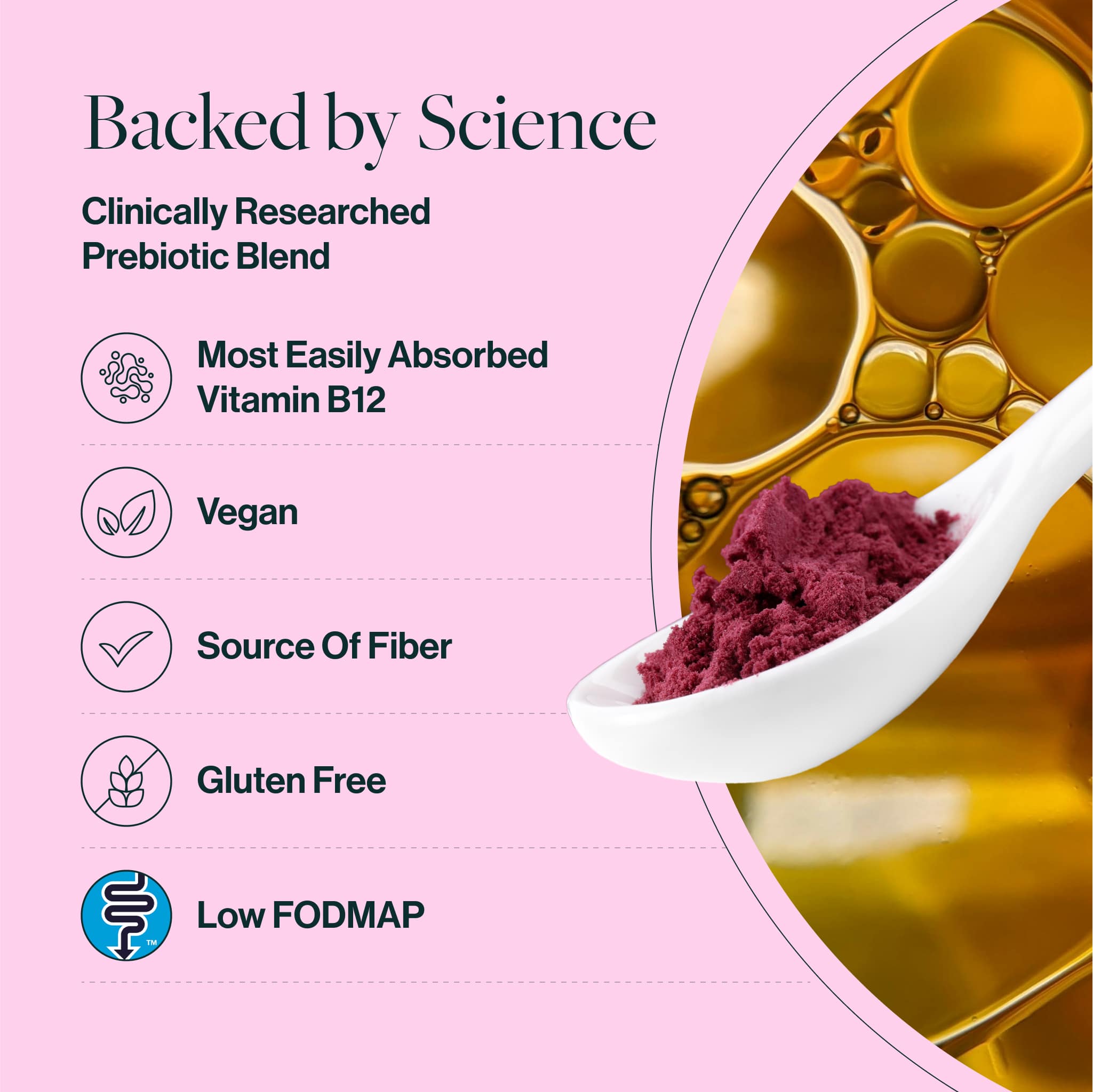 Extensive preclinical and clinical data on our supplements is obtained through rigorous in vitro testing and human clinical trials, making them some of the best physician-developed supplements on the market. prebeet is gluten-free, non-GMO, low FODMAP, vegan, cruelty-free, dairy-free, soy-free, nut-free, caffeine-free, diet-inclusive (keto, paleo), and made in the USA. 