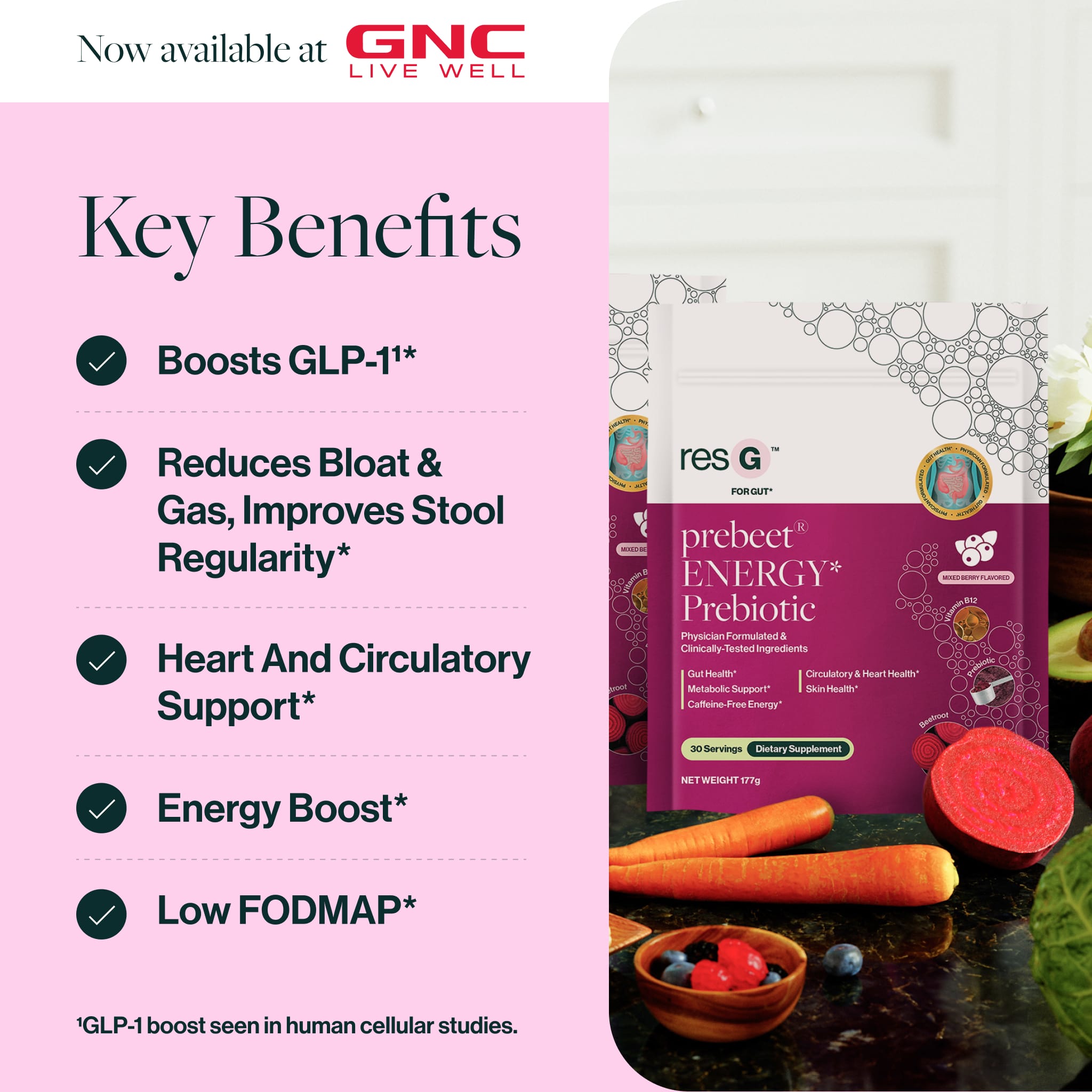 prebeet is for GLP-1 boosting, reducing bloat & gas, improves stool regularity*, heart and circulatory support*, energy boost*, delicious mixed berry flavor*, low FODMAP*.