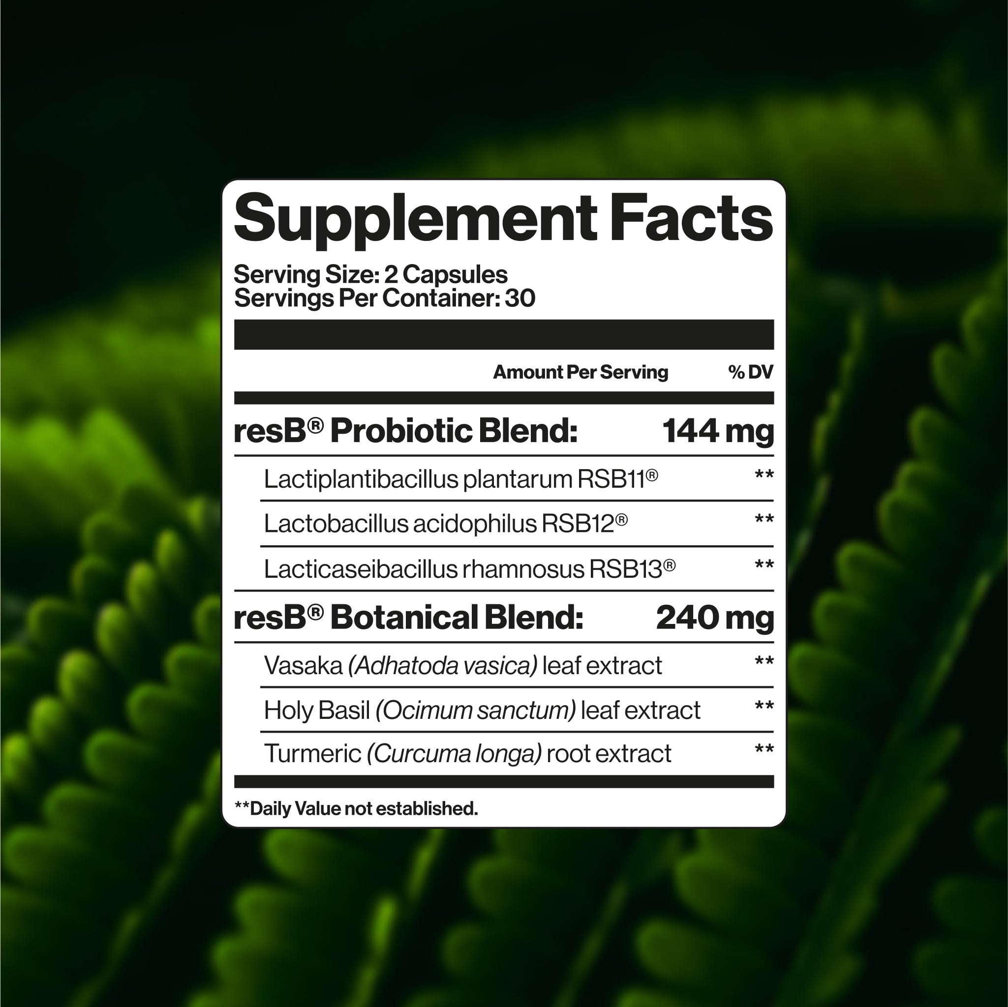 resB blend includes multi-strain probiotic blend: L. plantarum RSB11®, L. acidophilus RSB12®, and L. rhamnosus RSB13® alongside Vasaka, Turmeric, and Holy Basil Leaf. 