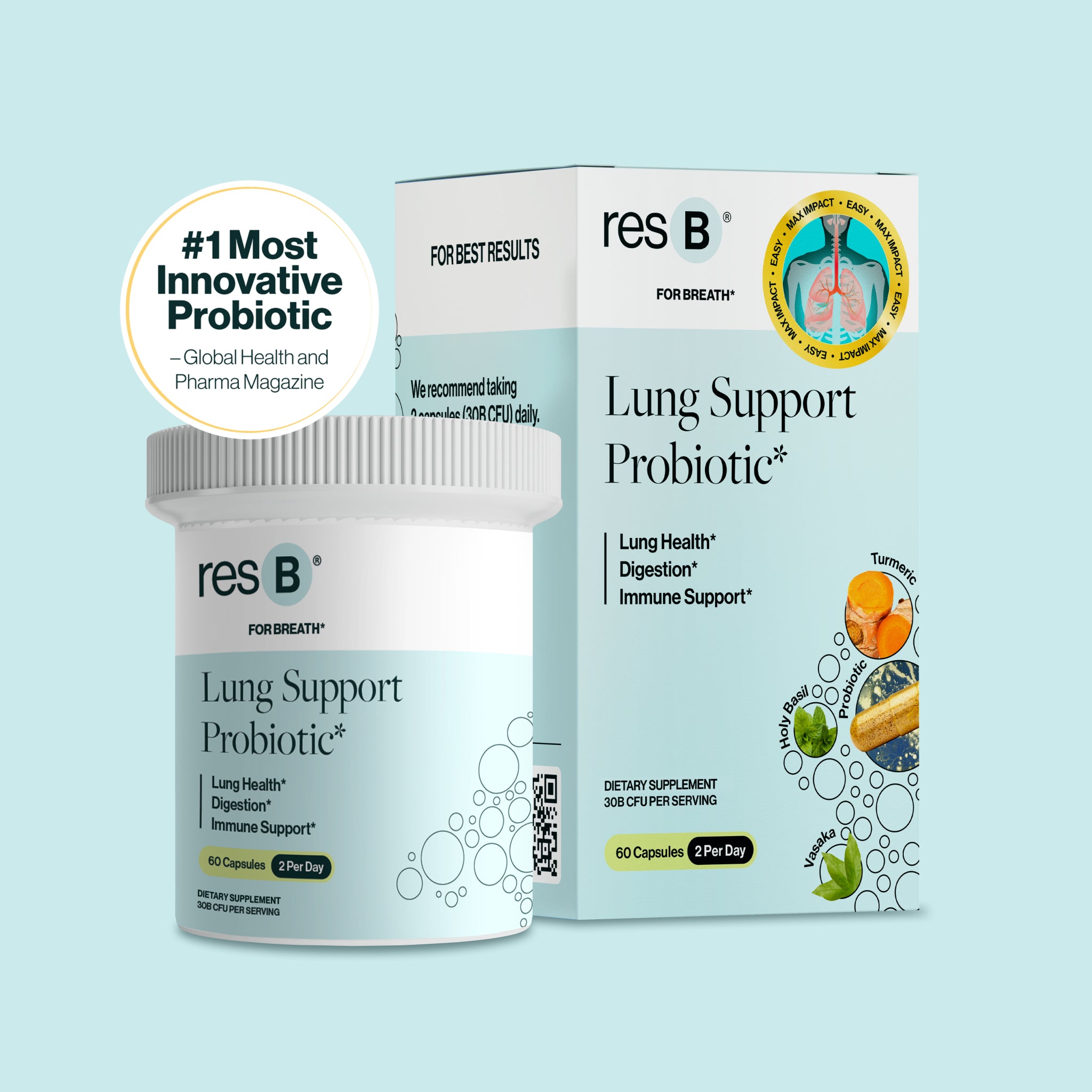 World's #1 clinically validated & pulmonologist recommended lung supplement probiotic for respiratory structure & function support*, may clear mucus & minimize cough*, seasonal sinus & bronchial support*, improves gut & immune health*, Better sleep due to better breathing*