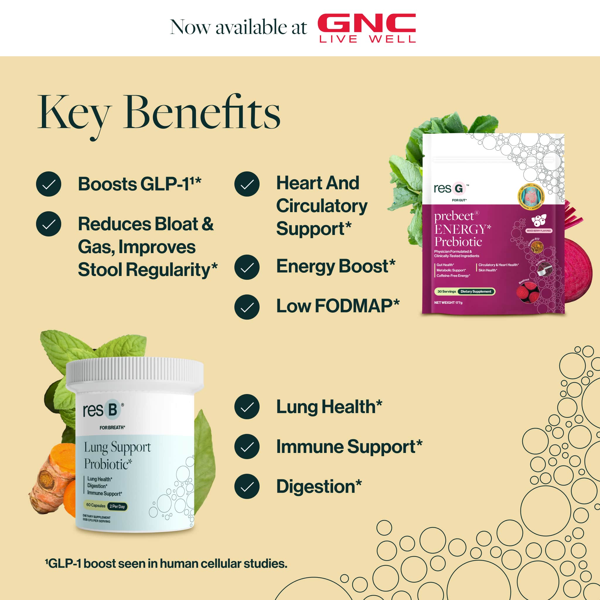 This power bundle supports respiratory structure & function support*, seasonal sinus & bronchial support*, boosts GLP-1¹*, energy boost*, Low FODMAP, and reduces bloat & gas, improves stool regularity*.