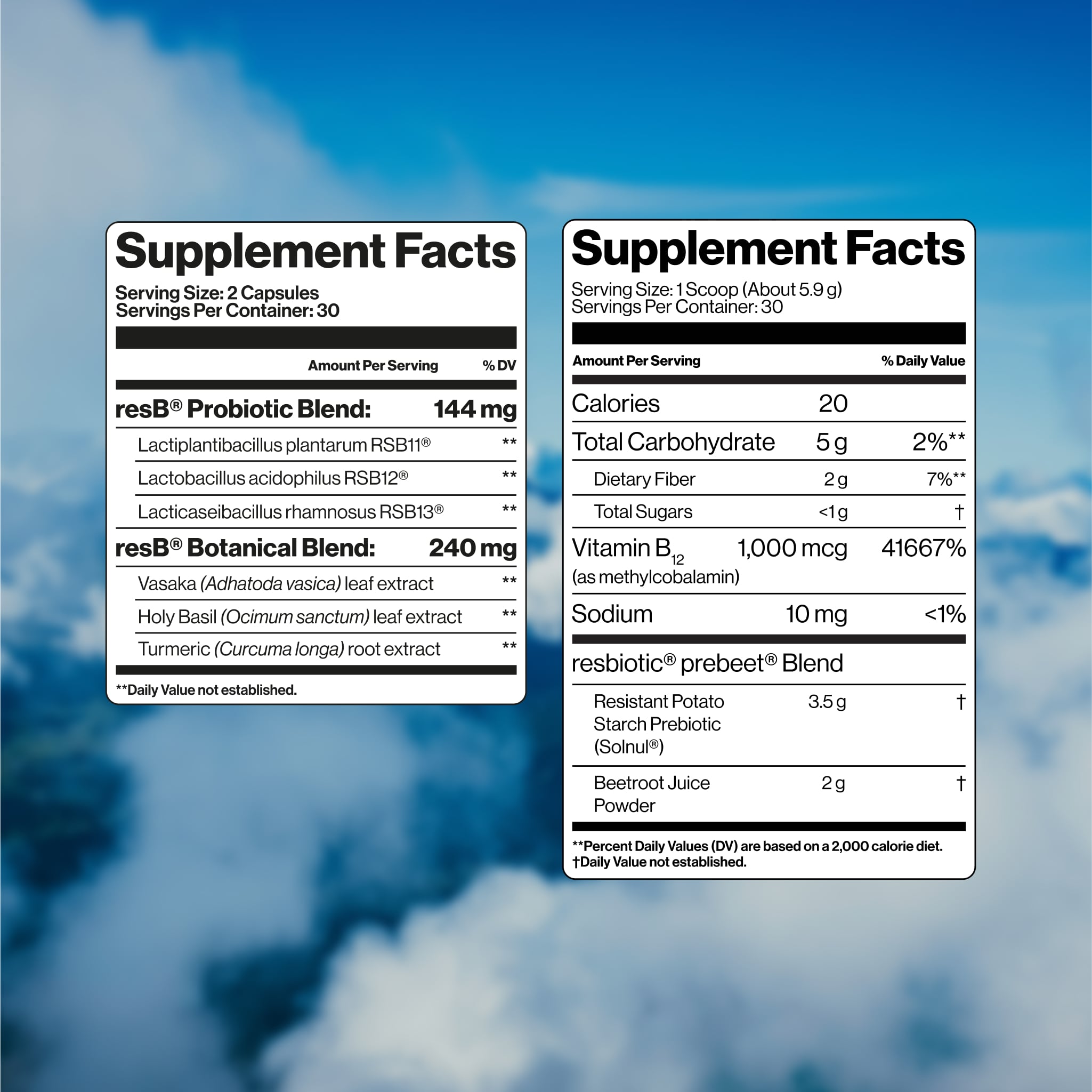 resB blend includes multi-strain probiotic blend: L. plantarum RSB11®, L. acidophilus RSB12®, and L. rhamnosus RSB13® alongside Vasaka, Turmeric, and Holy Basil Leaf. prebeet blend includes a resistant potato starch, beetroot, and vitamin B12 (methylcobalamin). 